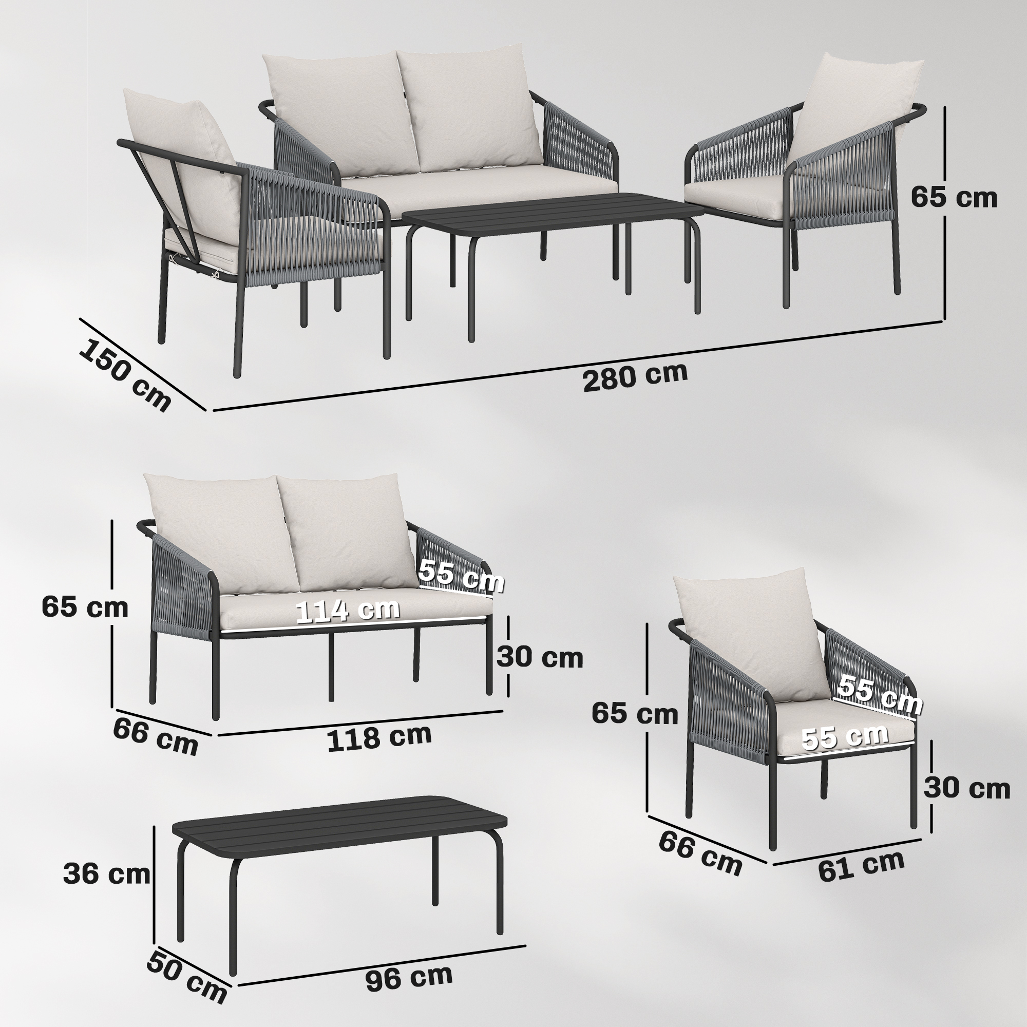 Set mobili da giardino: divano, due poltrone, tavolino. Grigio con cuscini.