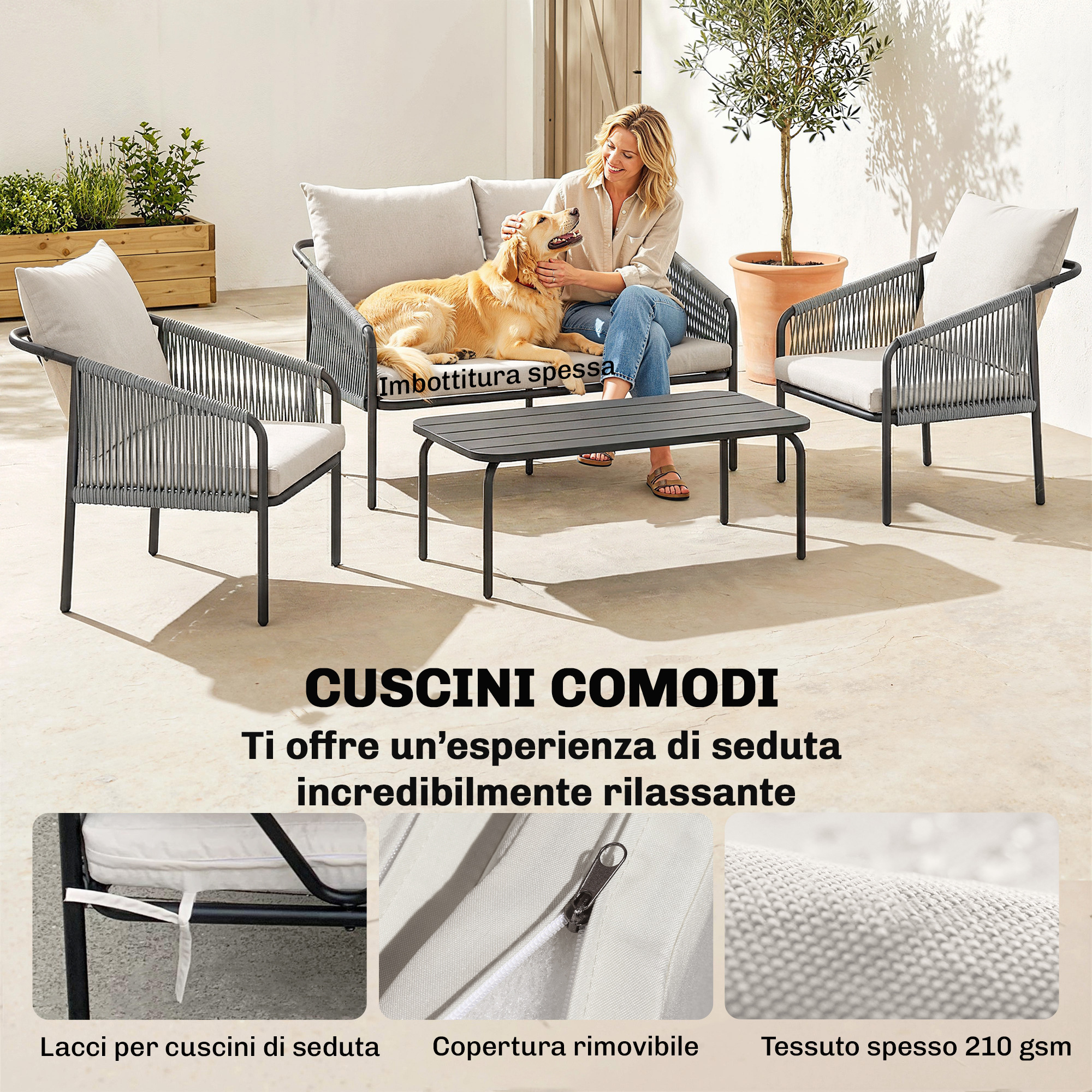 Donna con cane su mobili da giardino, circondata da piante. Dettagli cuscini.