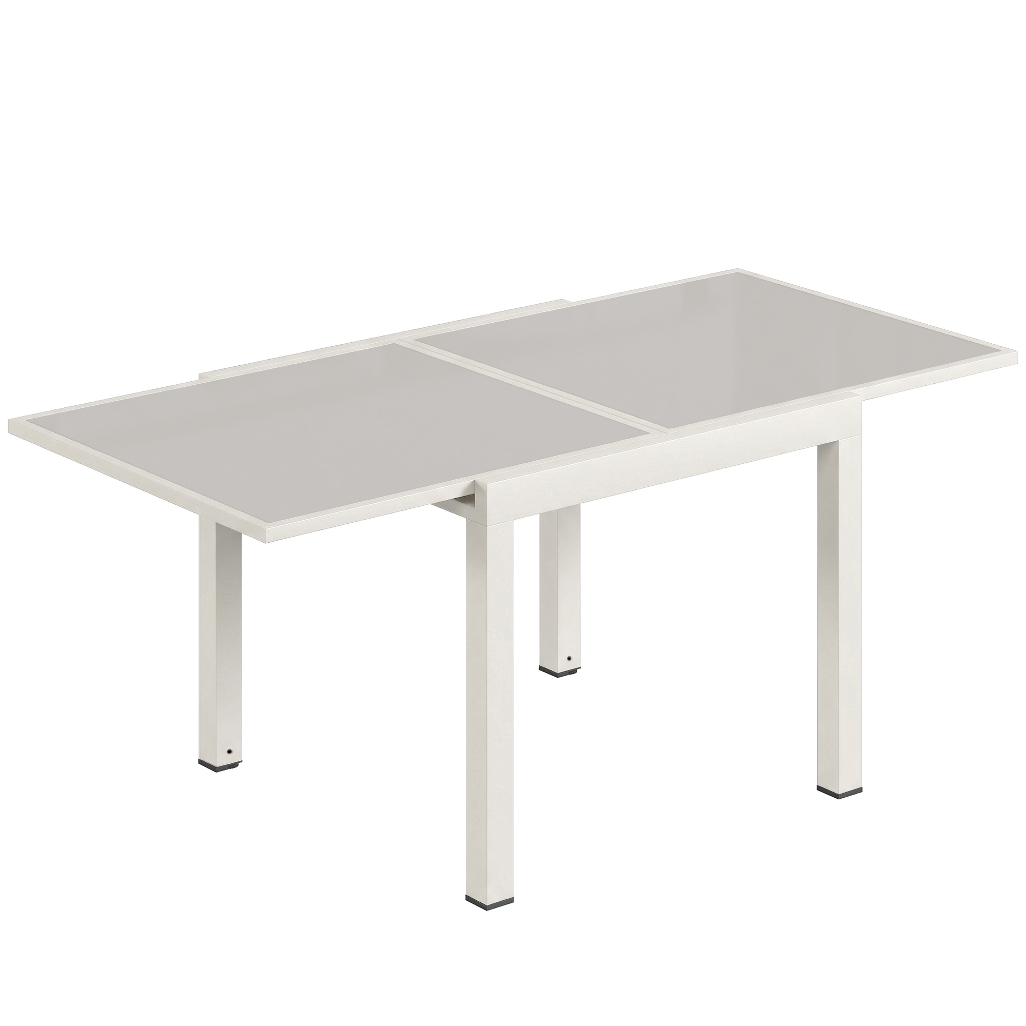 Un tavolo allungabile con piano grigio chiaro e struttura in metallo color crema.