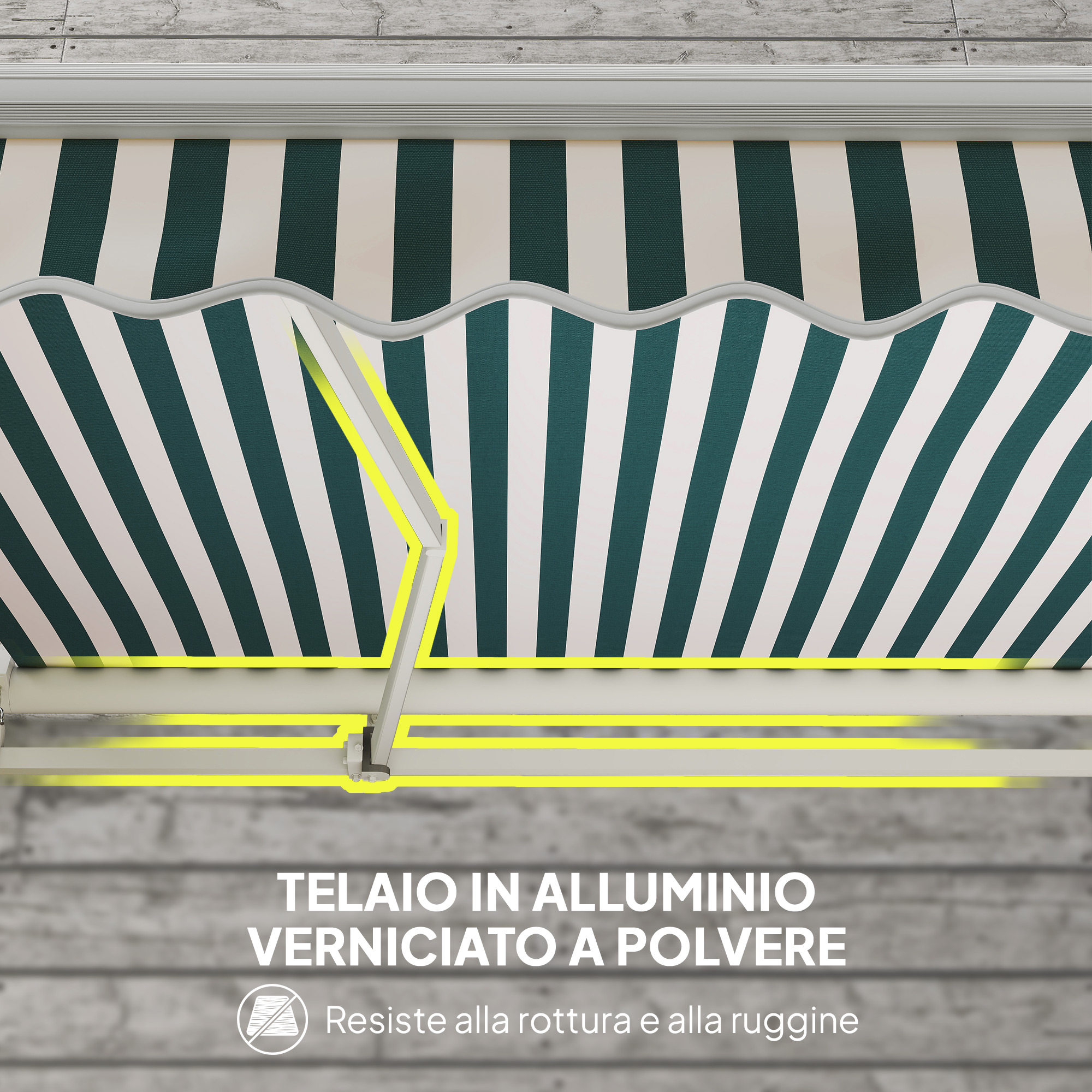Tenda da sole a righe verde scuro e bianche, telaio in alluminio.