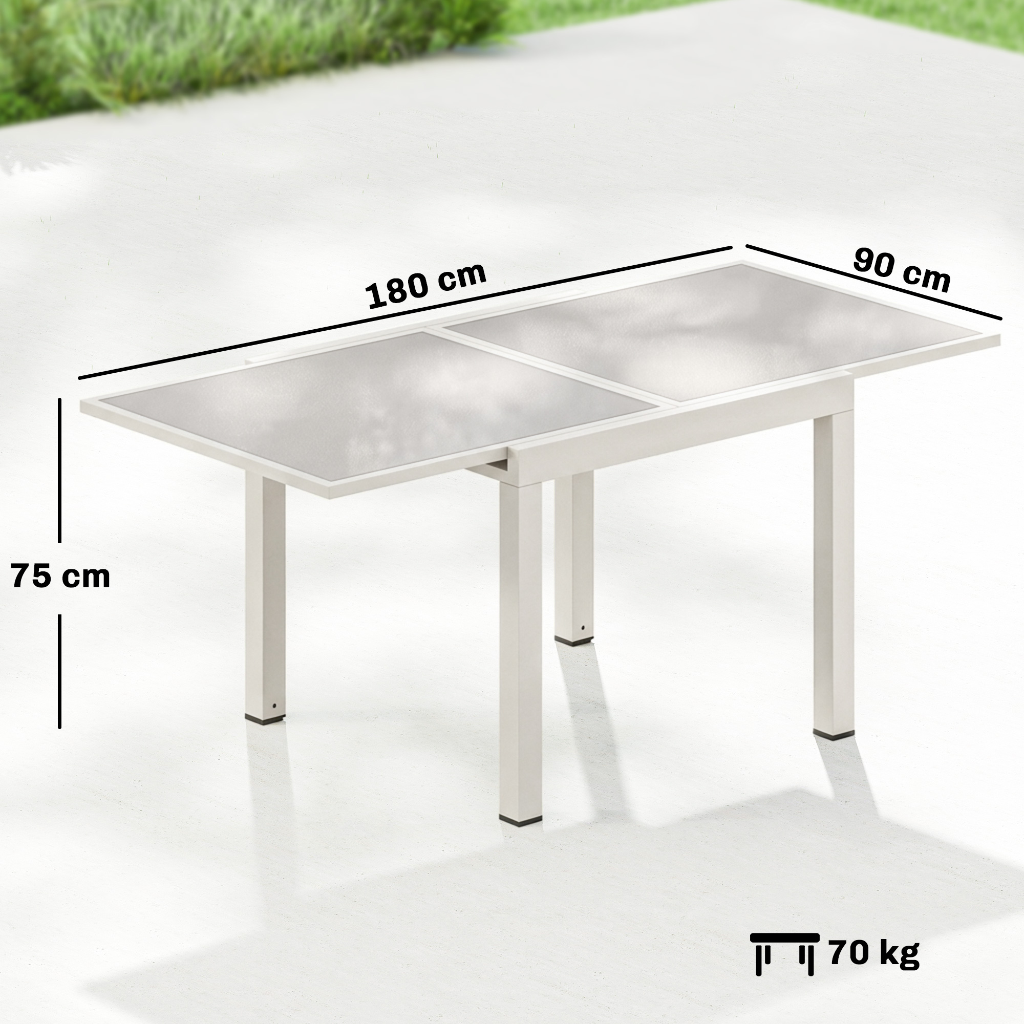 Un tavolo chiaro con piano in vetro, 180x90x75 cm, 70 kg.