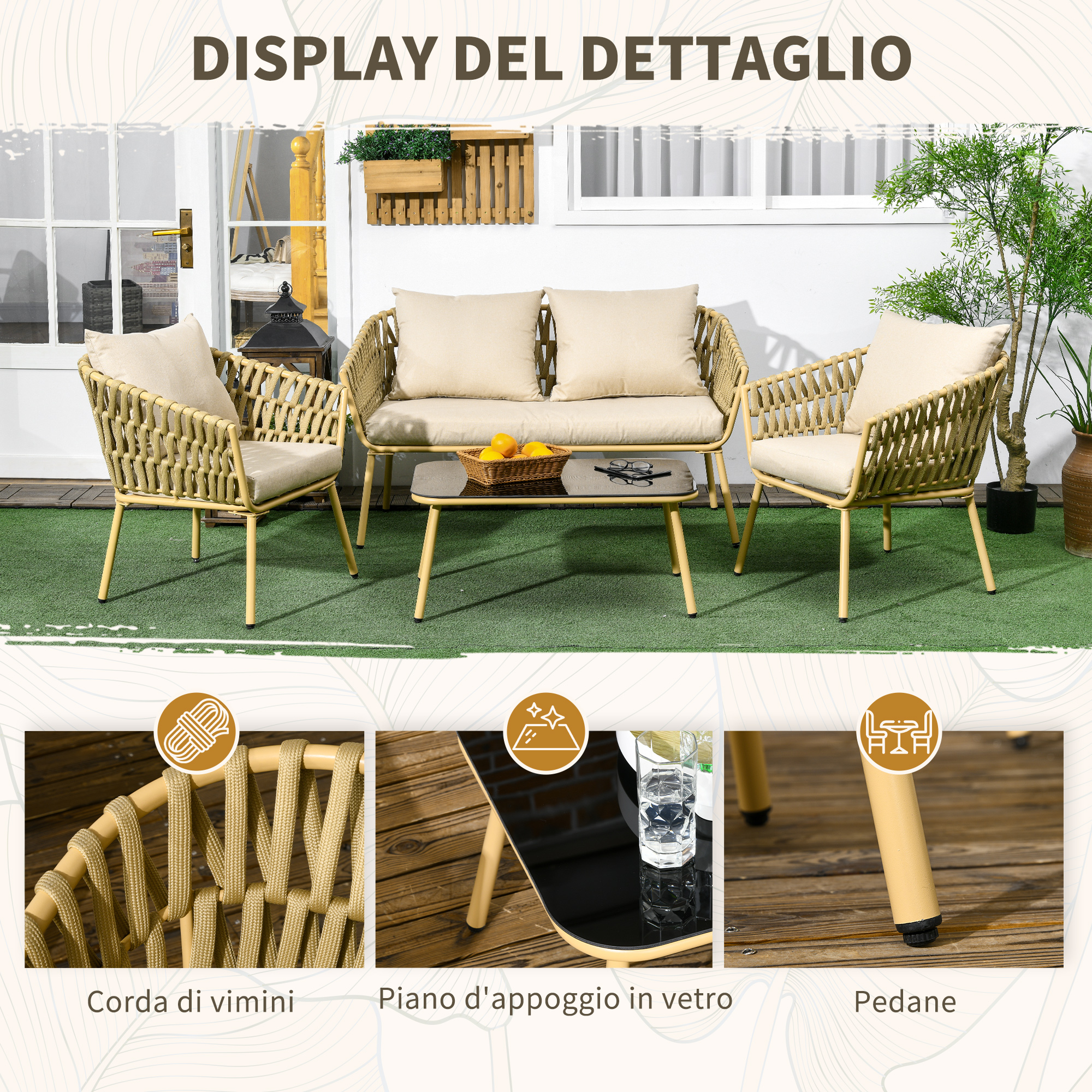 Set di mobili da esterno intrecciati con cuscini, tavolino in vetro e cesto di frutta.
