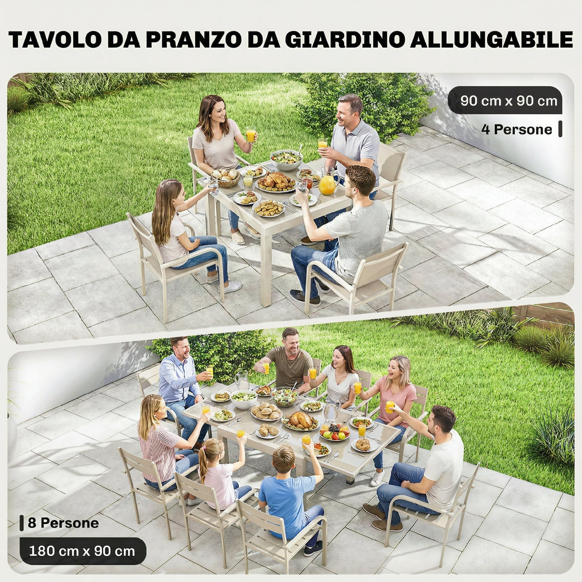 Tavolo da pranzo da giardino allungabile per 4 e 8 persone.