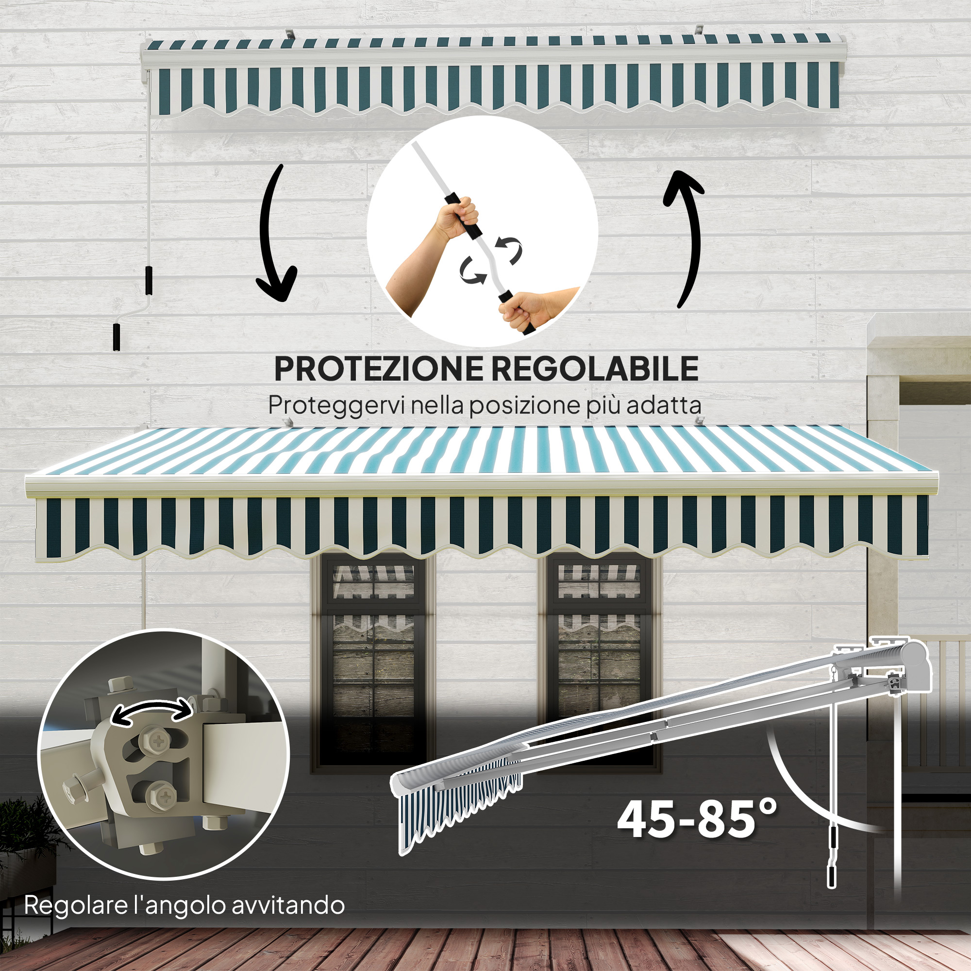 Tendalino a righe, angolo regolabile da 45-85 gradi.