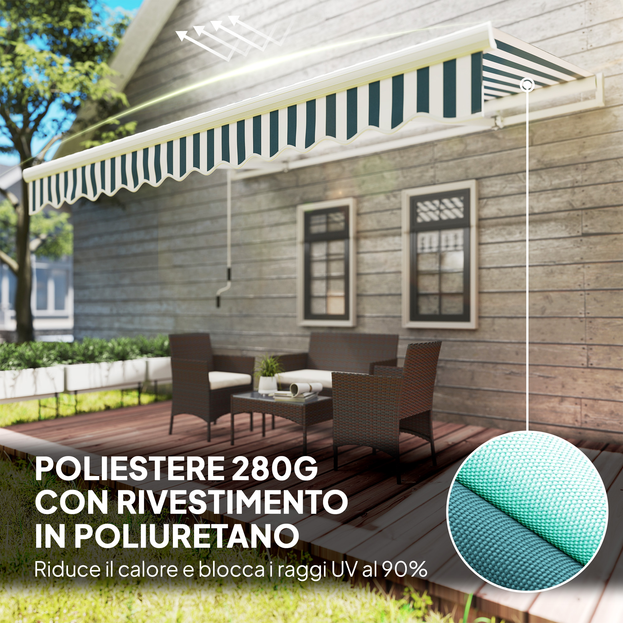 Tenda da sole a righe blu e bianche su terrazza in legno con mobili.