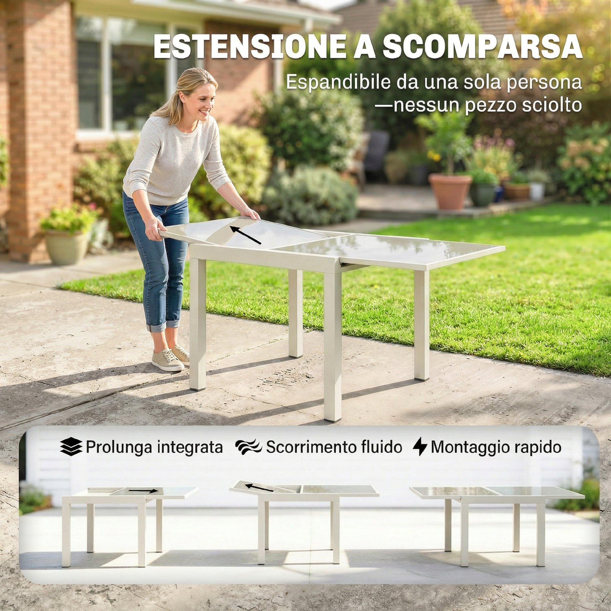 Una donna allunga un tavolo in giardino. Testo sulla funzione estensibile.