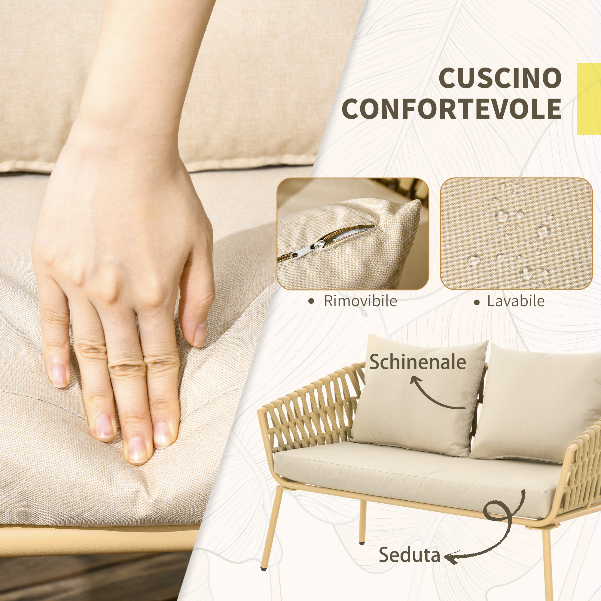 Un divano da esterno beige con due cuscini. Primo piano mostra una cerniera e gocce d'acqua.