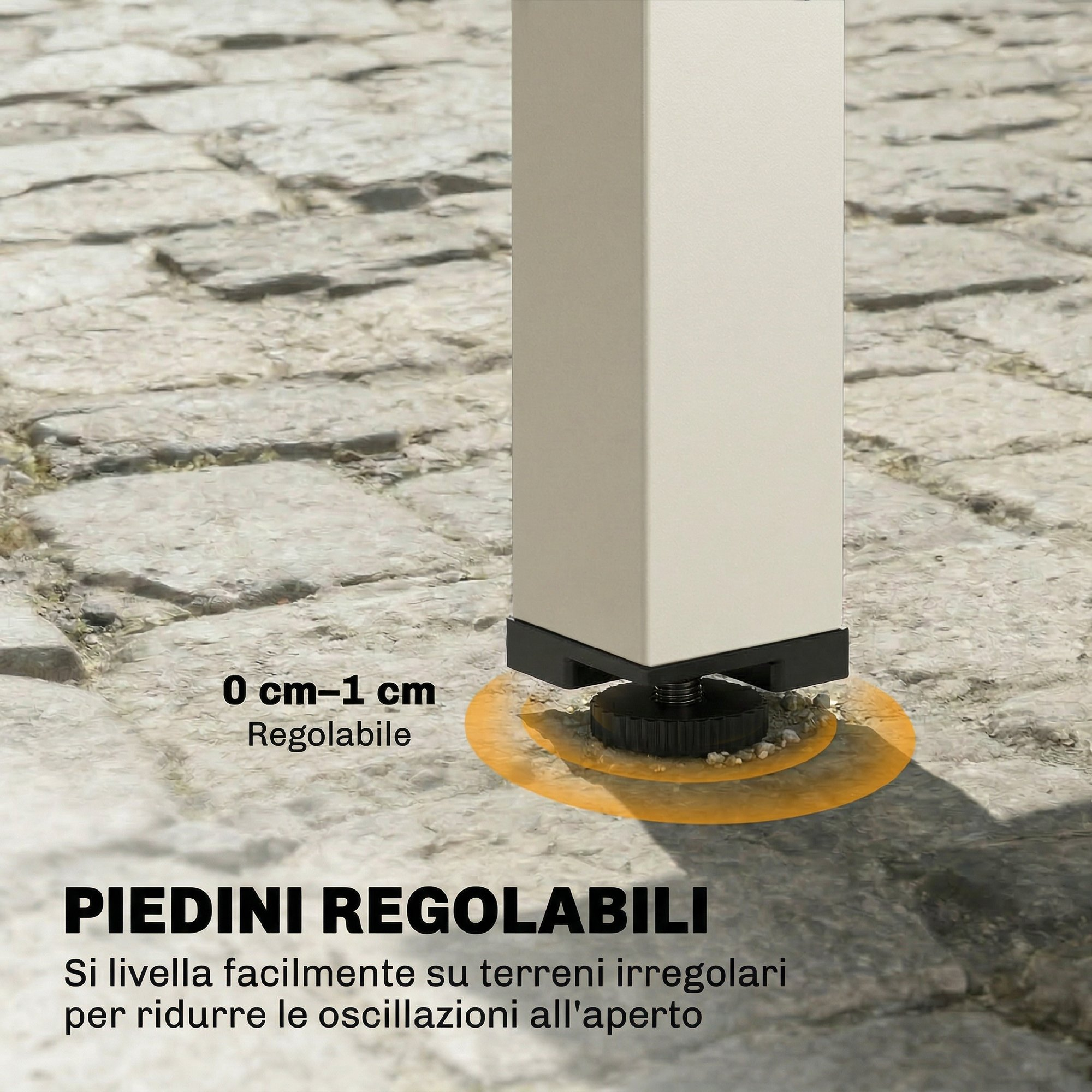 Gamba tavolo beige con piedino regolabile su superficie pavimentata.