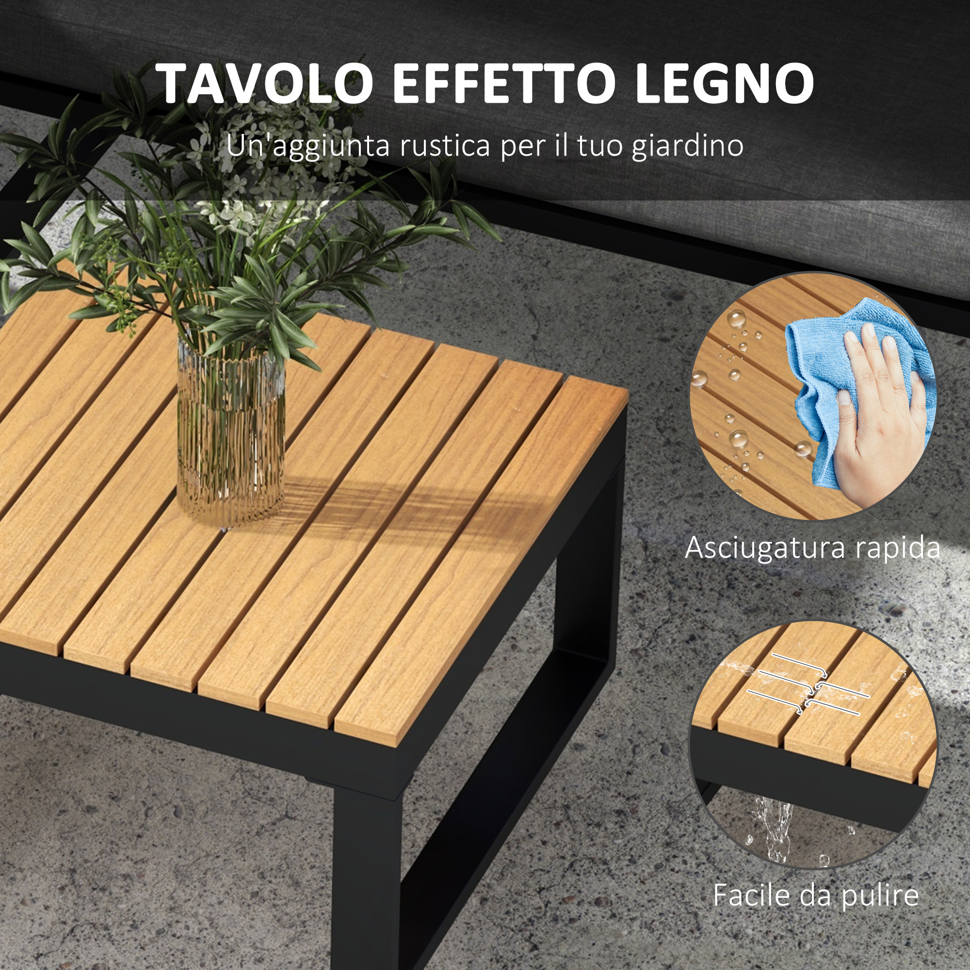 Tavolo effetto legno con vaso e piante, con dettagli di asciugatura e pulizia.