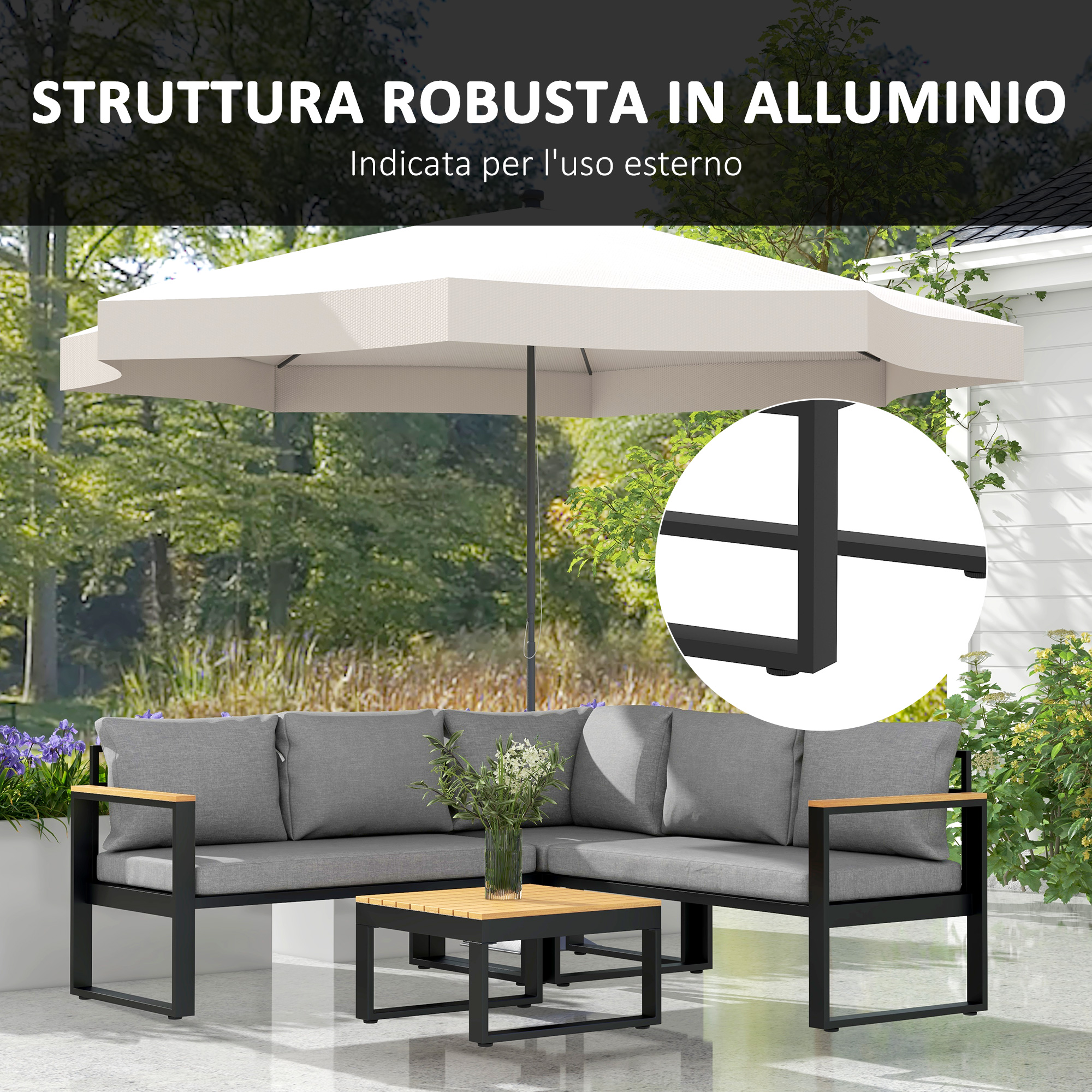 Set di mobili da esterno con divano grigio, tavolo in legno e ombrellone.
