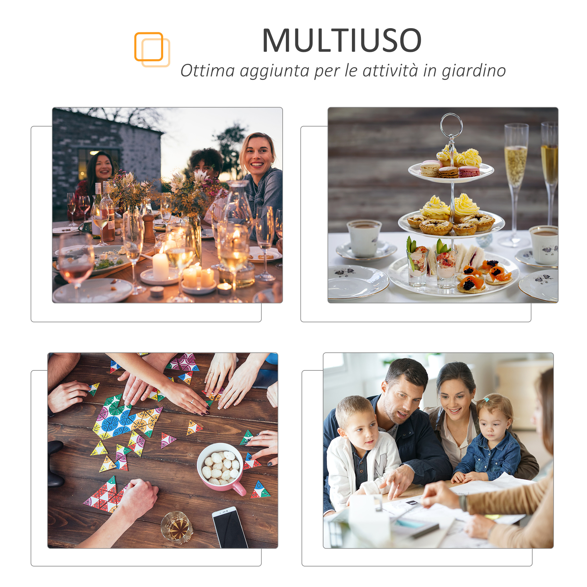 Quattro scene: cena, snack, gioco da tavolo e famiglia a tavola.