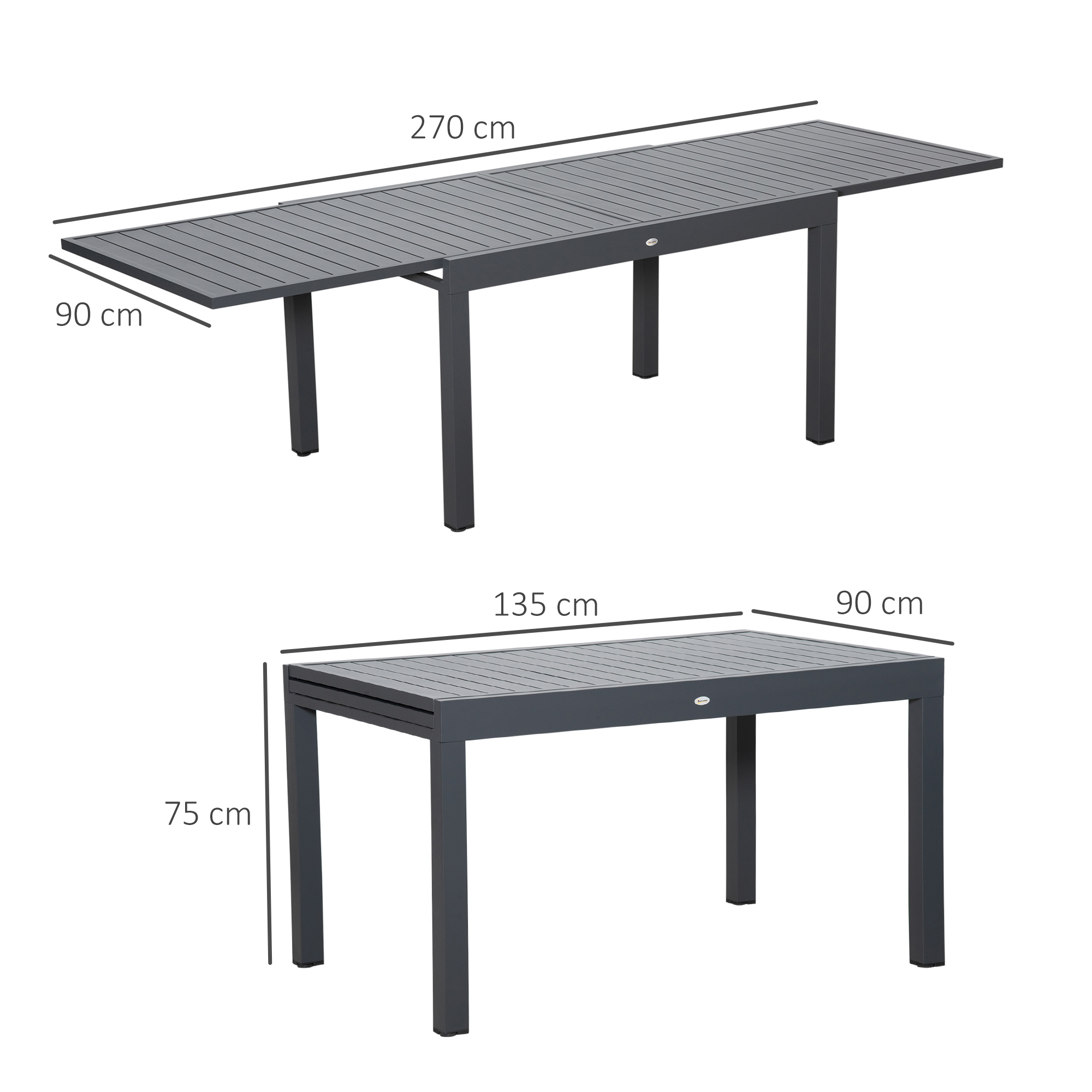 Mostrati due tavoli grigio scuro. Il piano è esteso 270cm x 90cm. Il fondo è 135cm x 90cm.