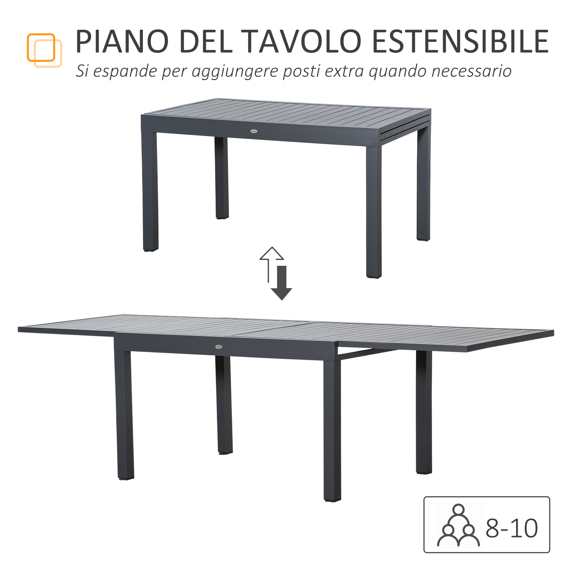 Un tavolo estensibile grigio, mostrato chiuso ed esteso. Posti 8-10.