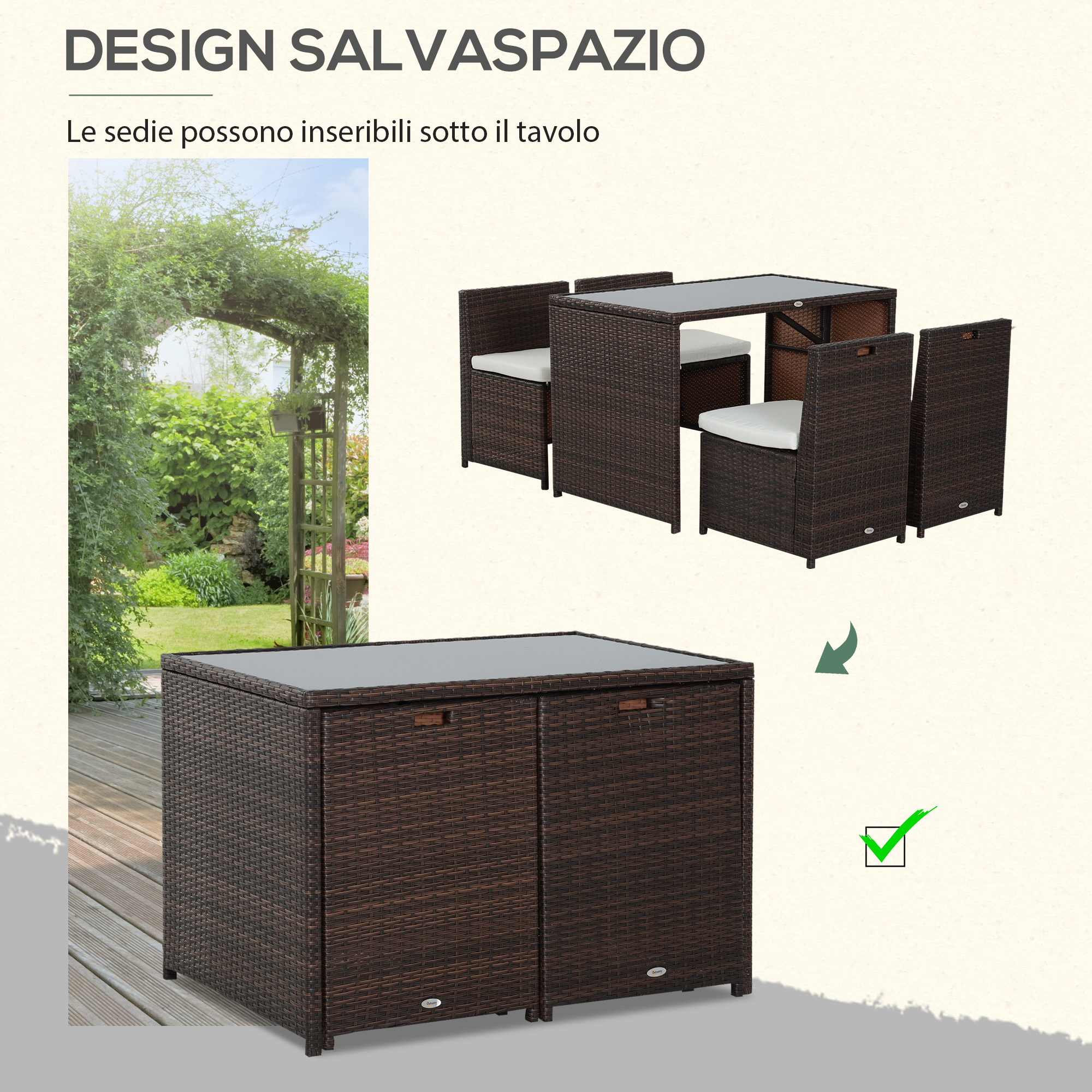 Set da giardino in rattan: tavolo e quattro sedie, compatto.