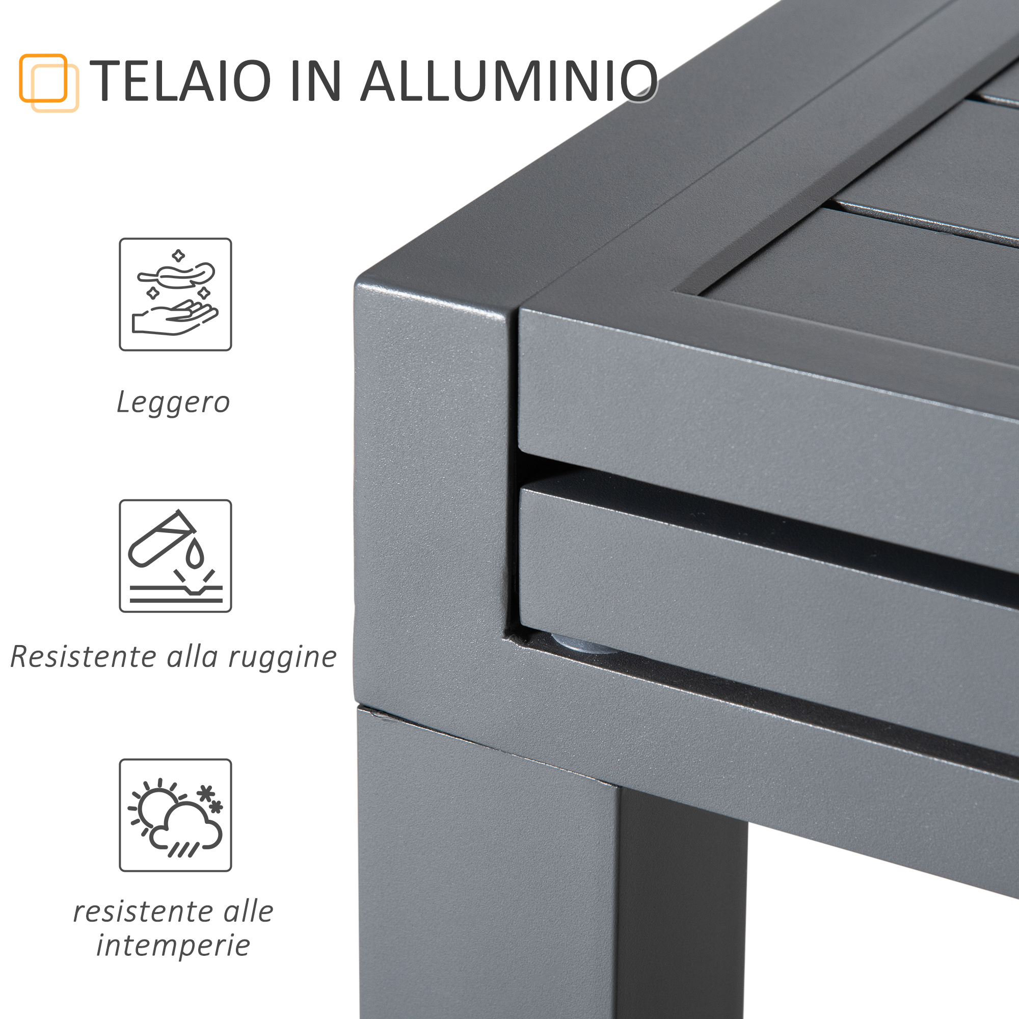 Telaio in alluminio grigio con testo: Leggero, Resistente alla ruggine, Intemperie.
