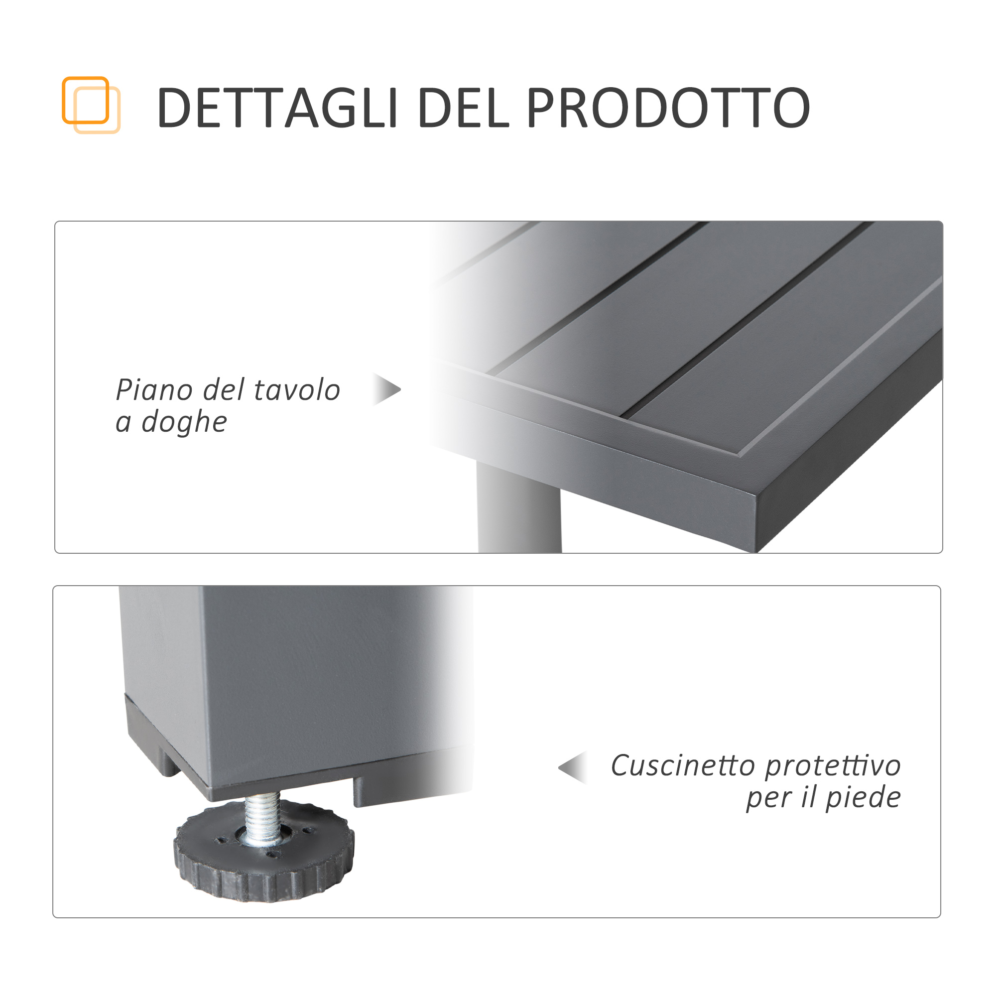 Primo piano di piano tavolo a doghe e piede regolabile con gommino.