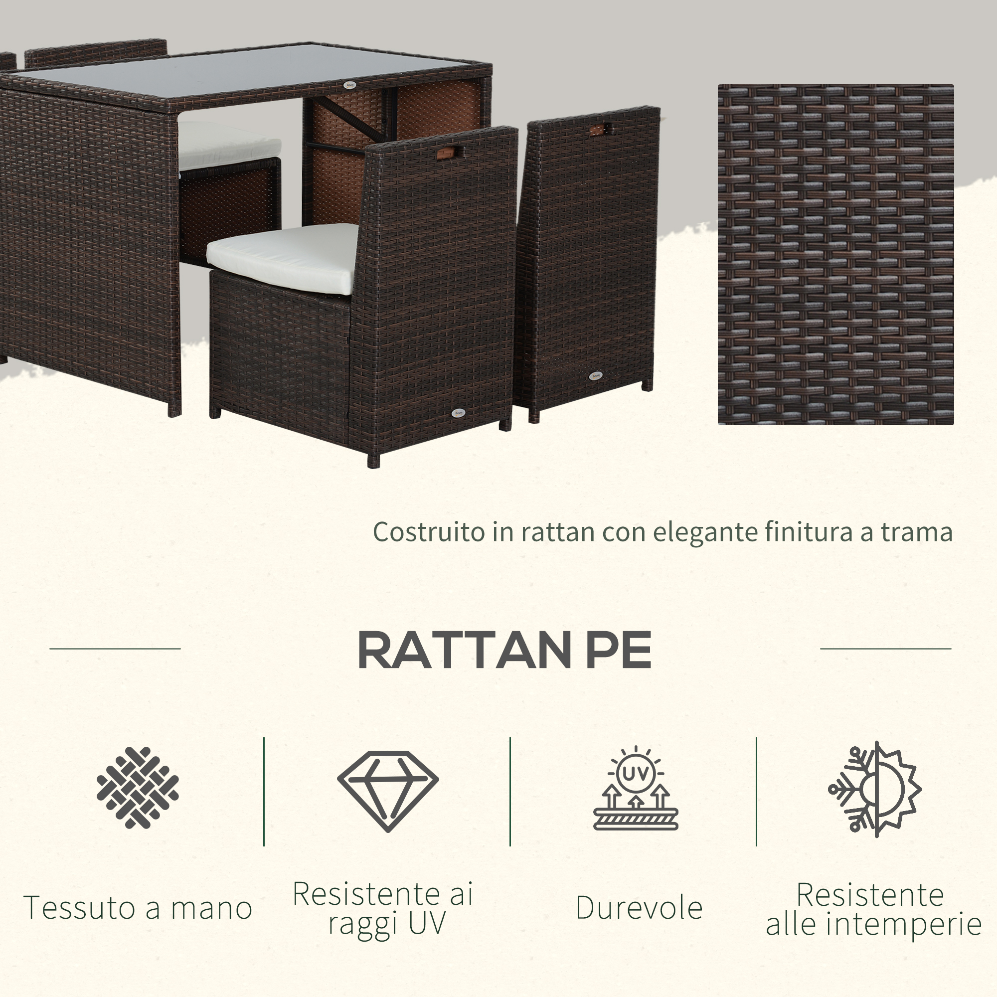Set da pranzo in rattan con piano in vetro, tessuto a mano, durevole.