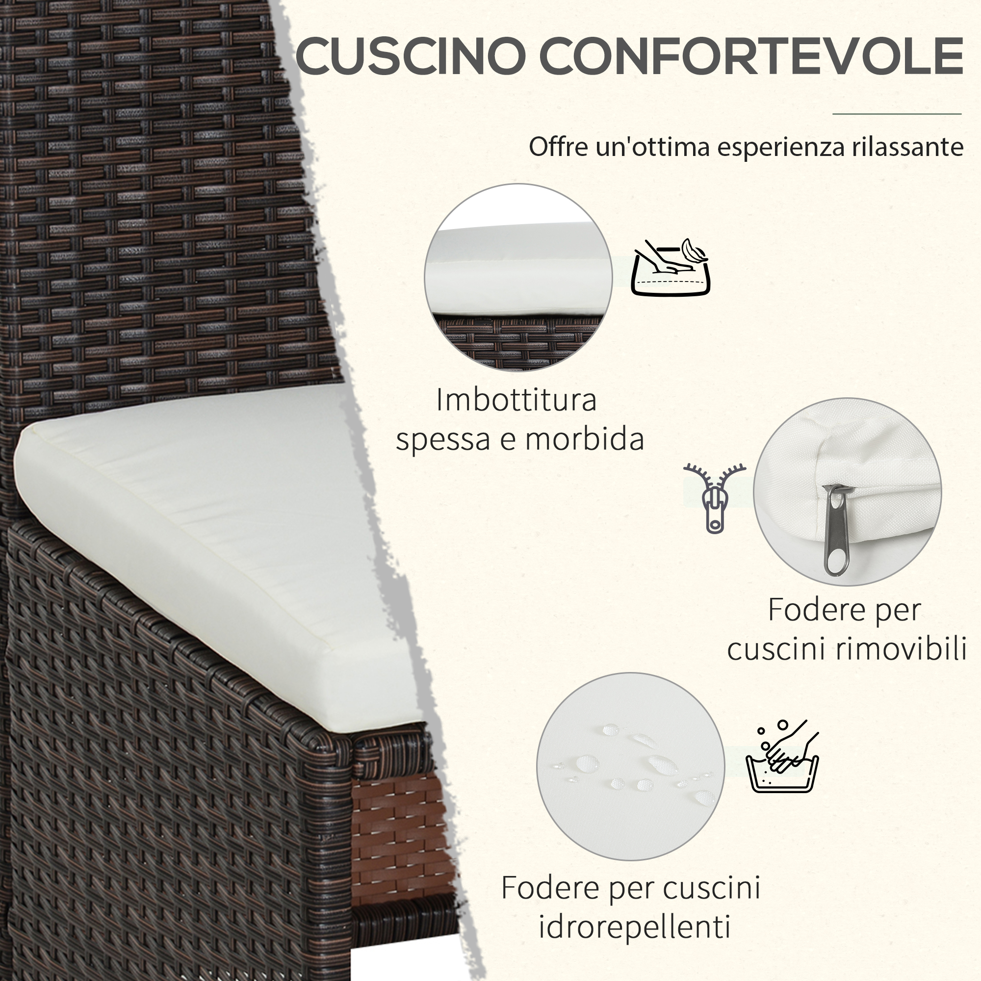 Sedia in rattan marrone con cuscino bianco, sfoderabile e idrorepellente.