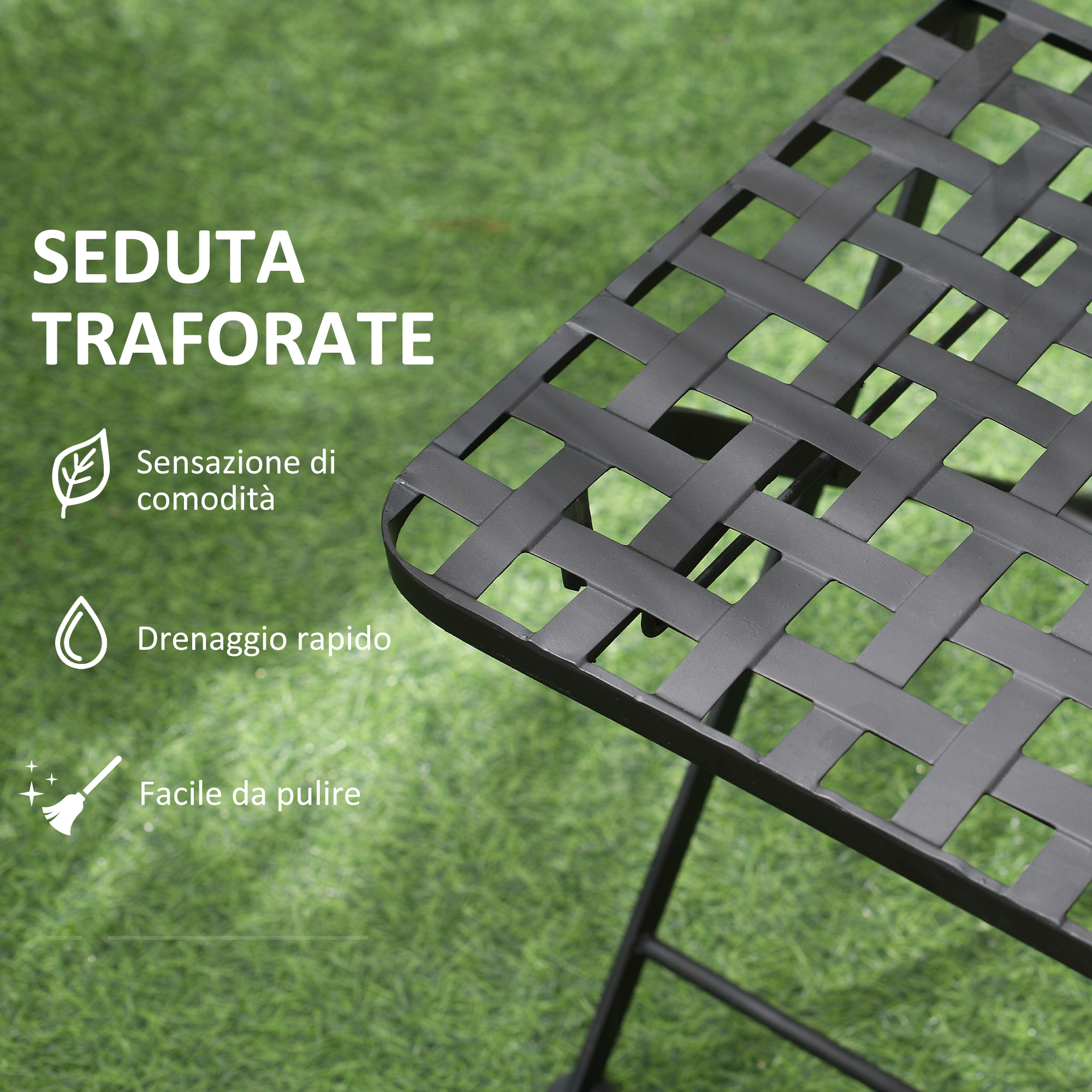 Sedia nera traforata su erba verde. Testo: "Comoda, drenaggio rapido, facile da pulire."