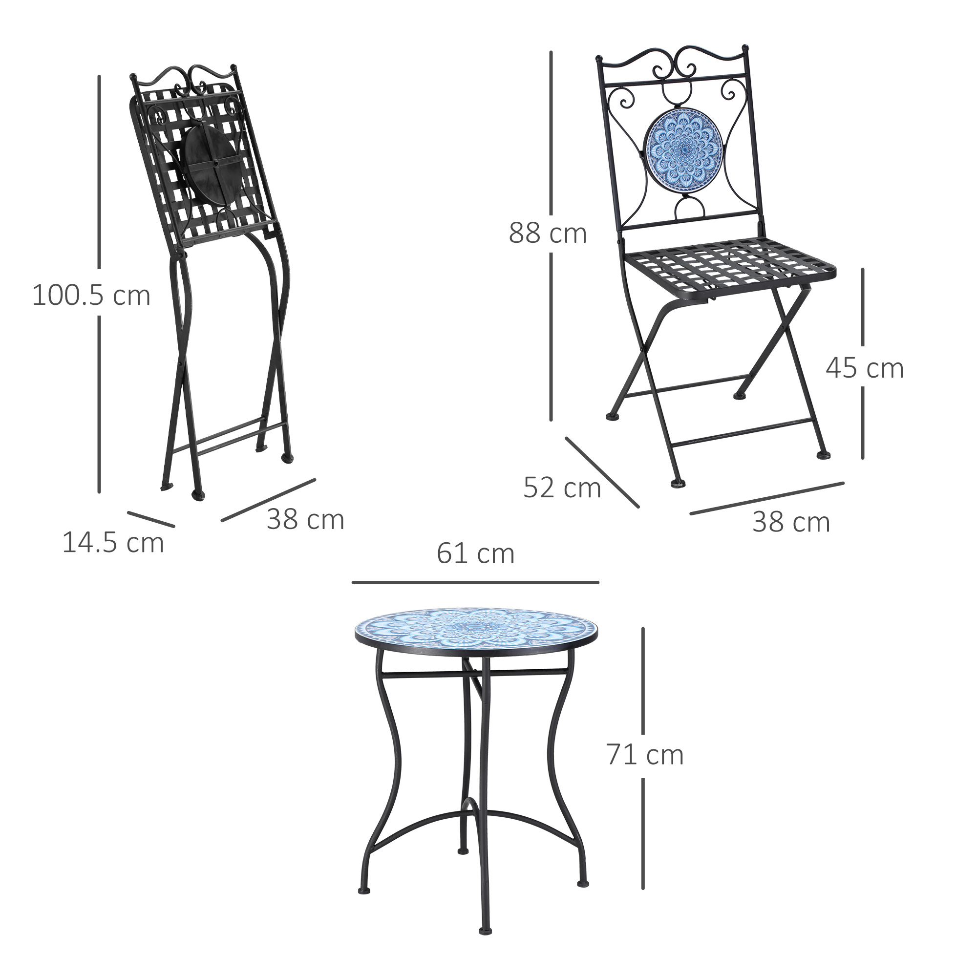 Un set di sedia e tavolo pieghevoli neri con accenti di piastrelle blu.