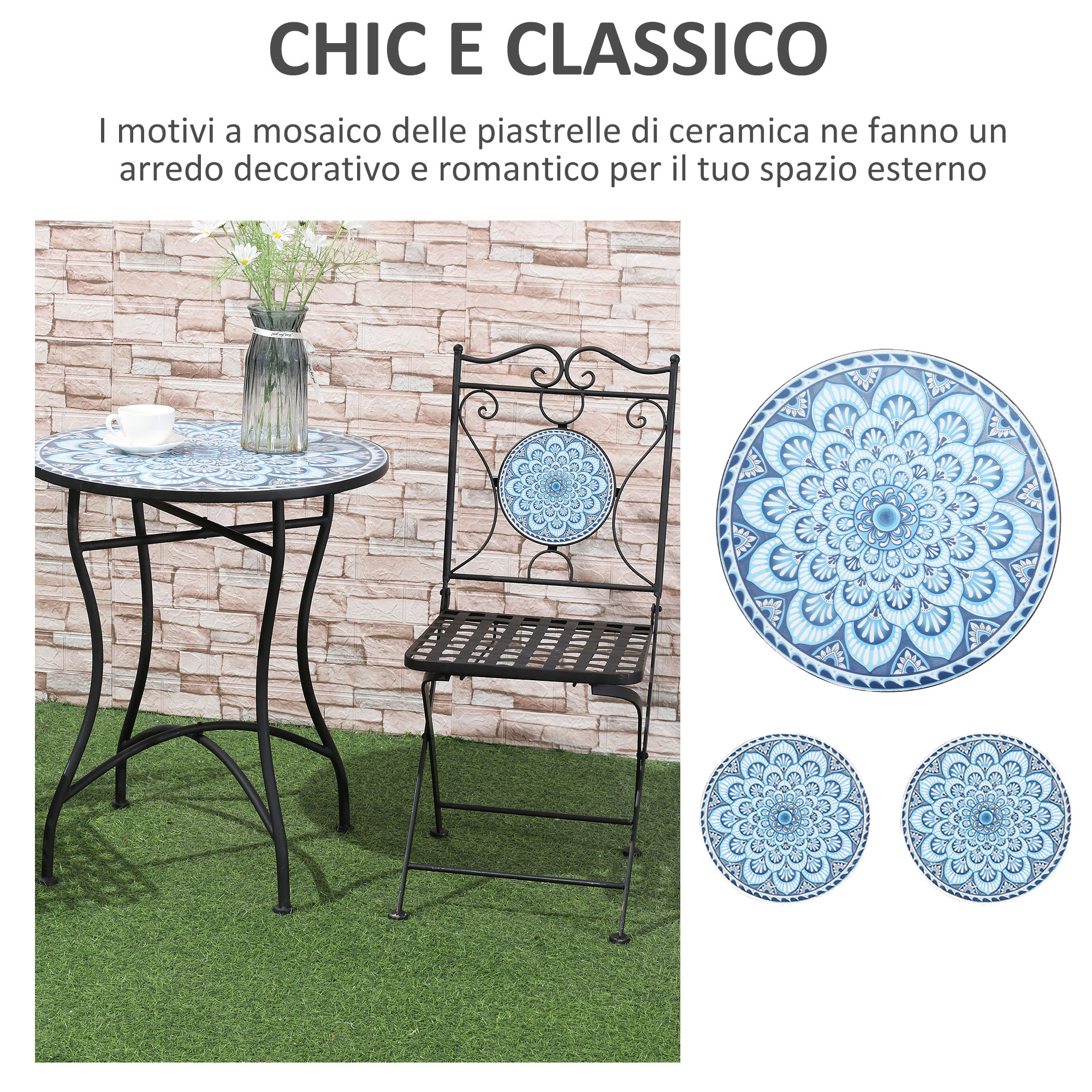 Un tavolo rotondo e una sedia con mosaici blu su erba sintetica.