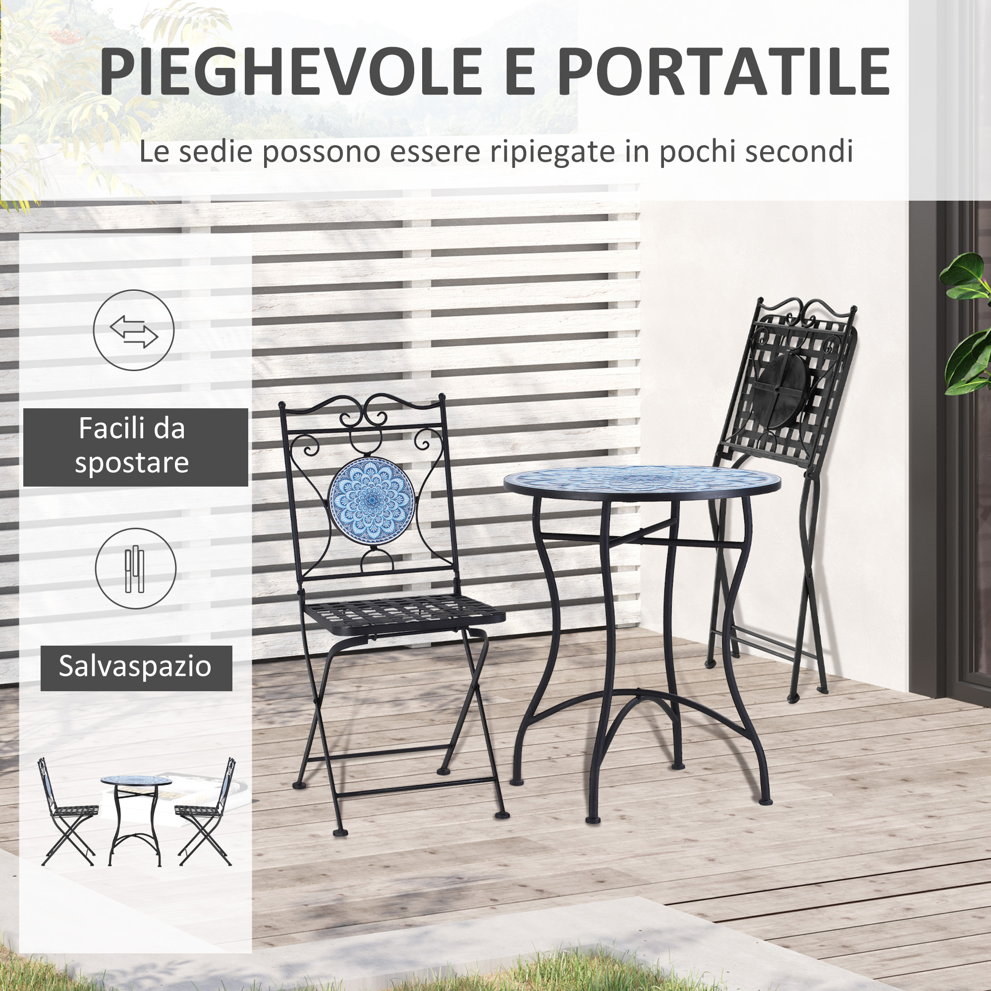 Set mobili pieghevoli neri: tavolo e due sedie con mosaico blu su un ponte di legno.