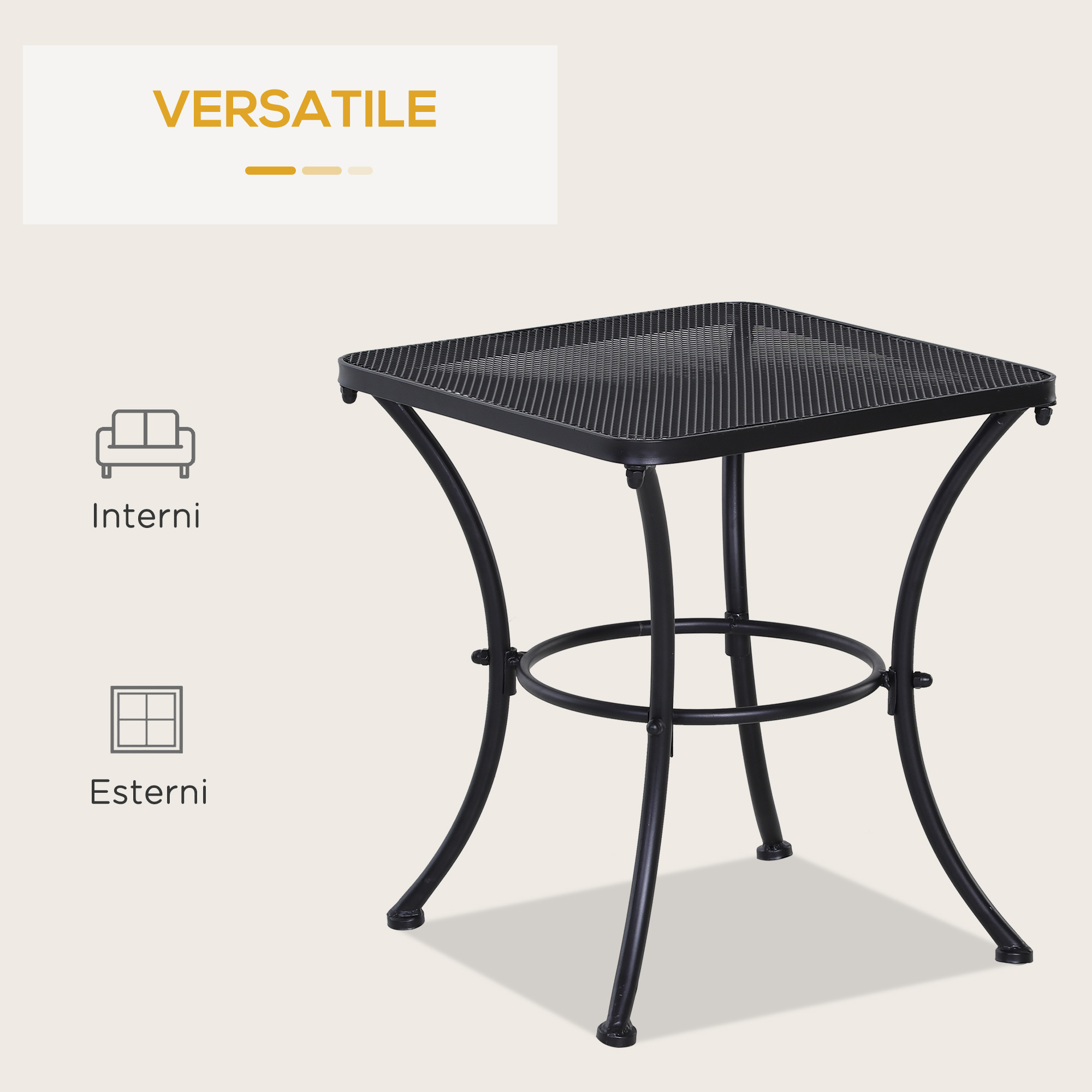 Un tavolo in metallo nero con motivo a rete e gambe curve.