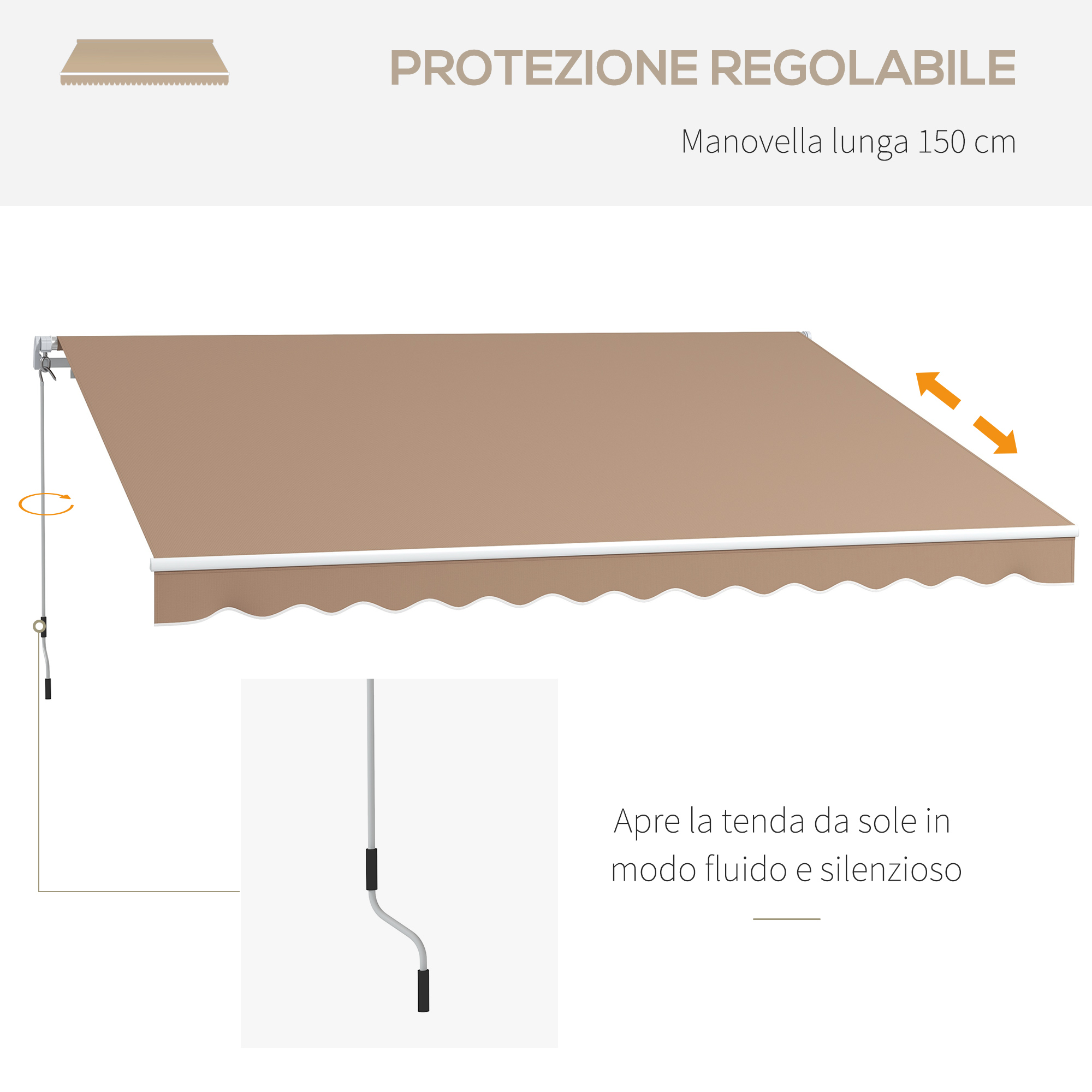 Tessuto da tenda da sole marrone con meccanismo a manovella.
