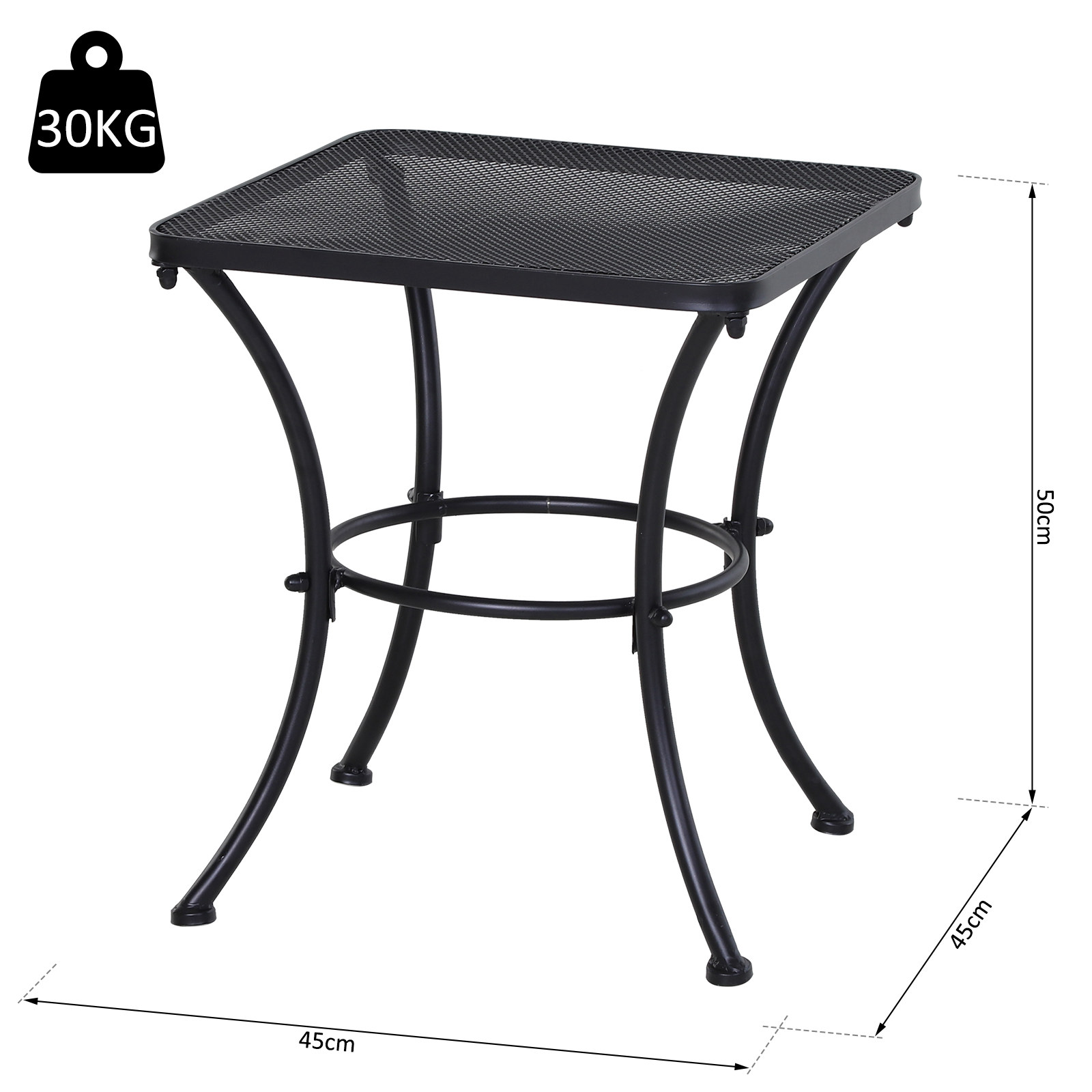 Tavolino in metallo nero con piano a rete, 45x45x50cm, 30kg.