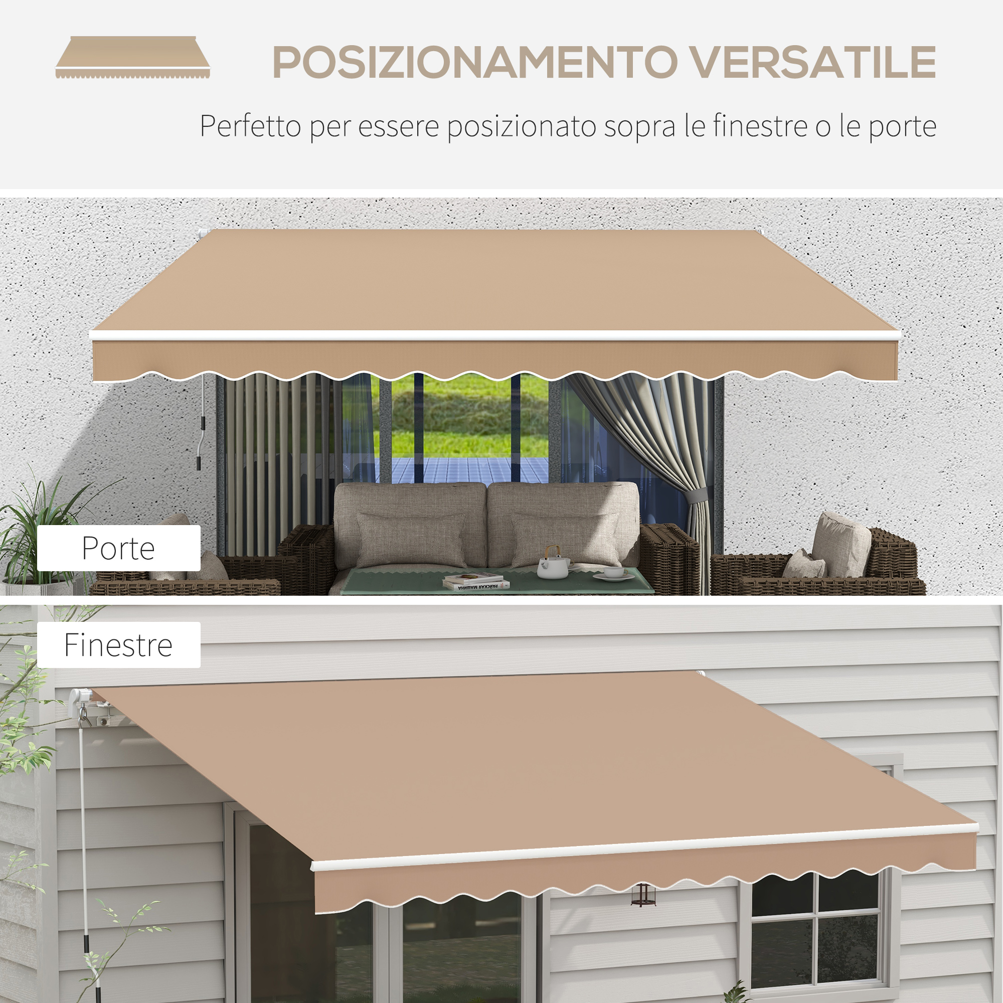 Tenda da sole sopra porta e finestra, beige con bordo bianco.