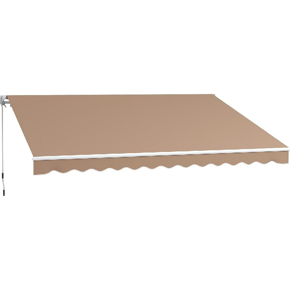 Una tenda da sole retrattile color fango con bordo bianco e festonato.