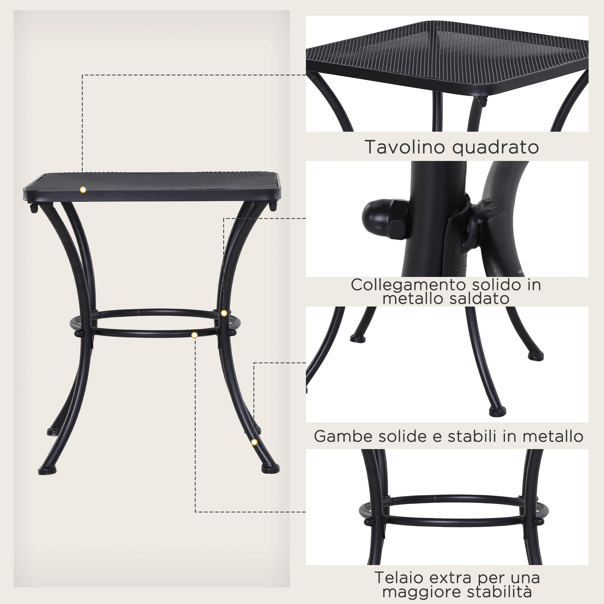Un tavolino in metallo nero con piano quadrato e gambe curve.
