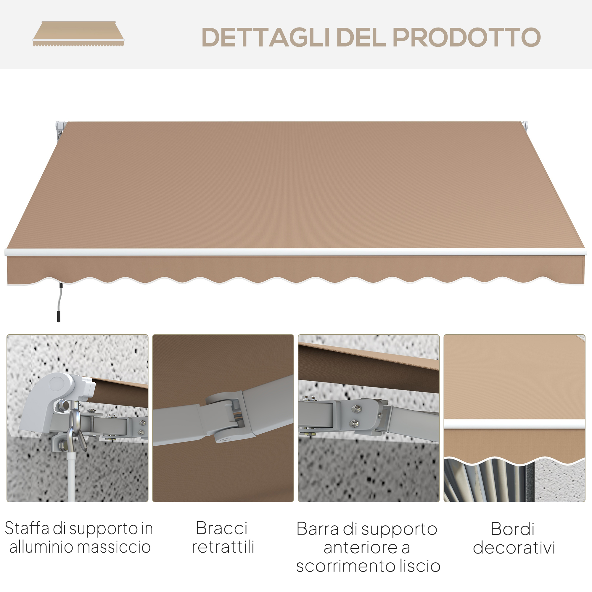 Tessuto di un tendone retrattile beige con staffe e bordi.