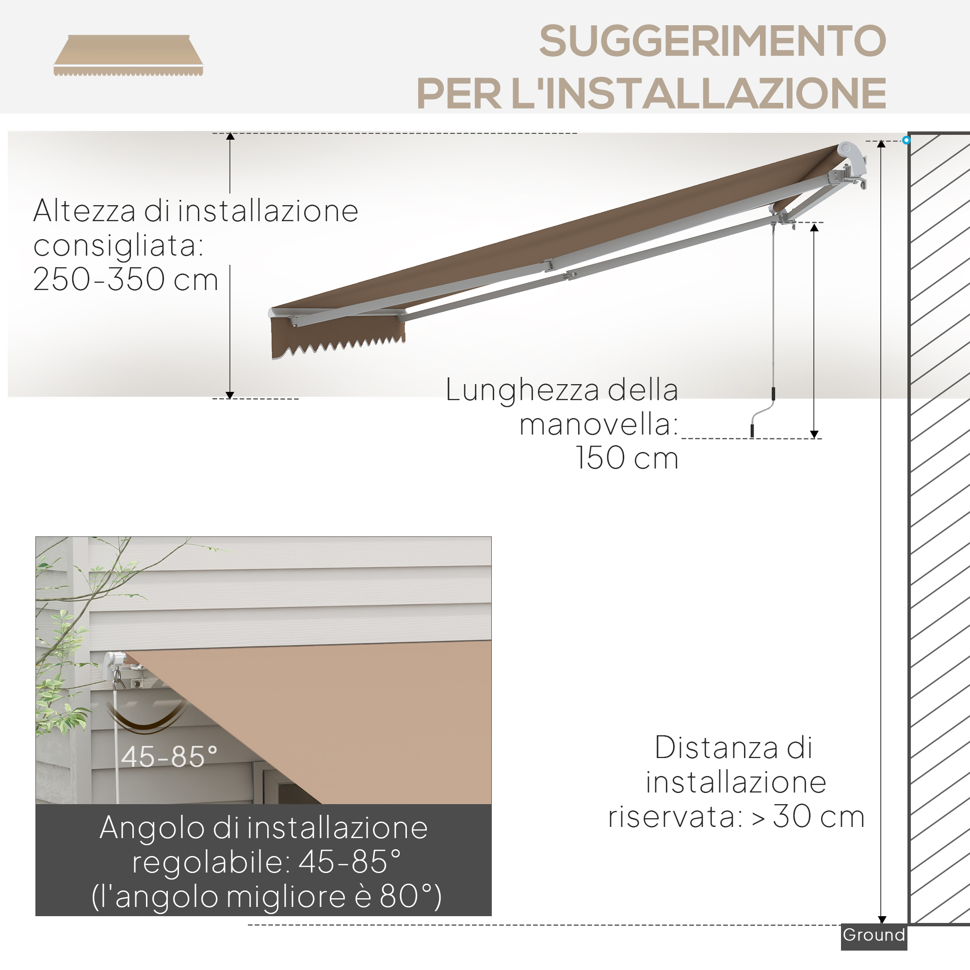 Tenda da sole con specifiche di installazione: altezza 250-350cm, lunghezza 150cm, angolo 45-85°.