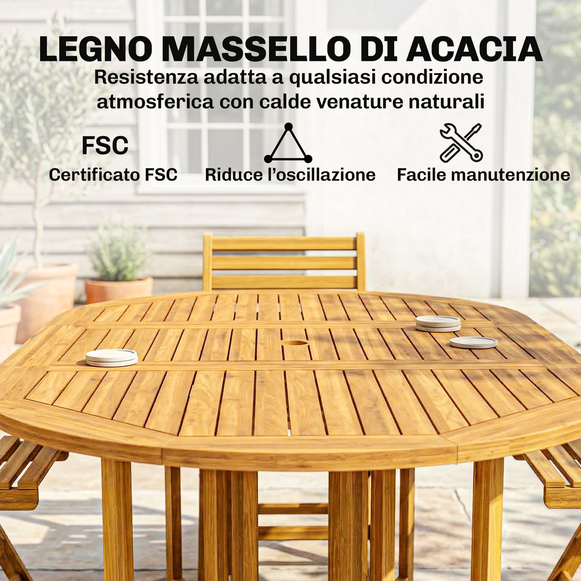 Un tavolo rotondo in legno di acacia con piatti e sedie all'aperto.