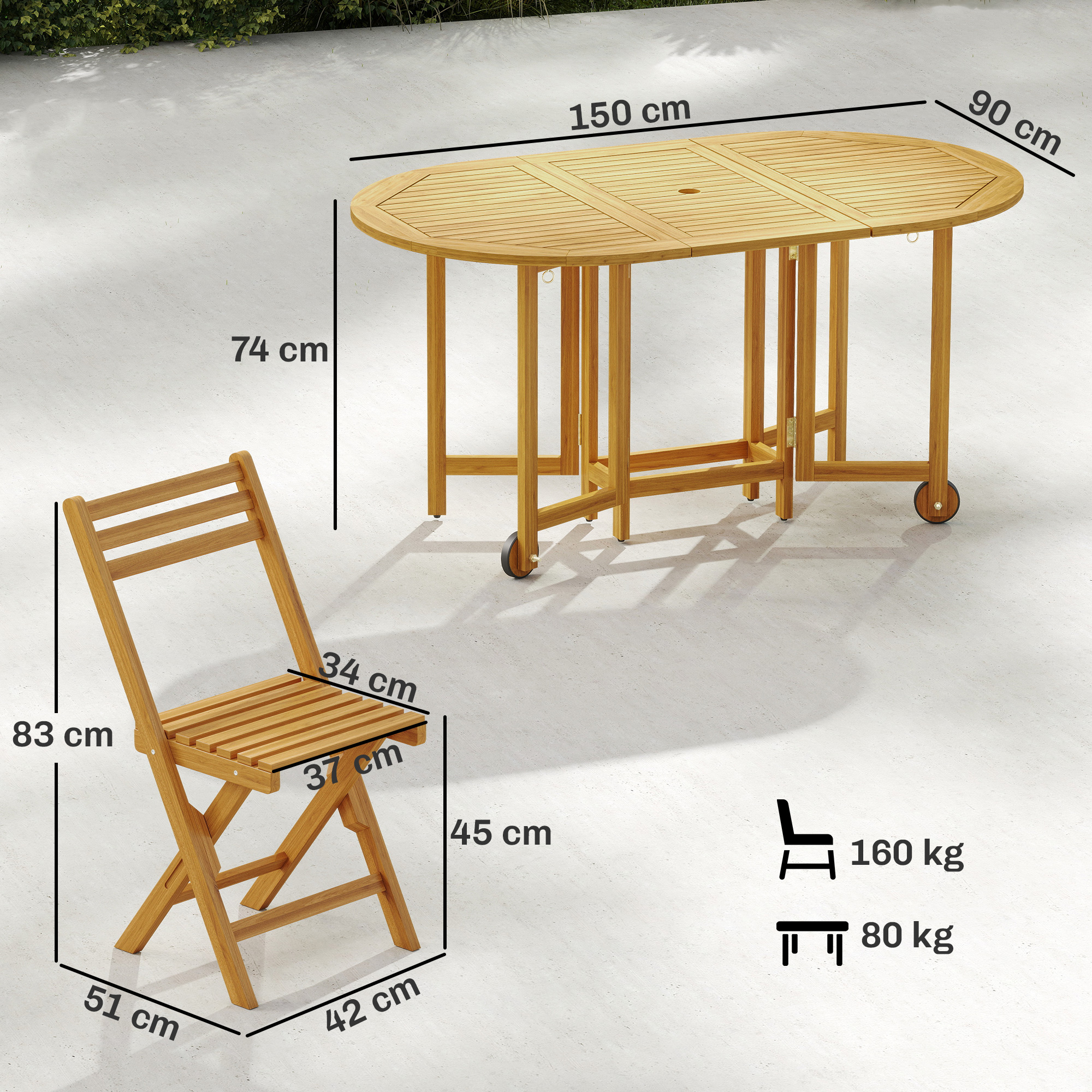 Tavolo in legno (150x90x74cm) e sedia (51x42x83cm), dimensioni e carico indicati.
