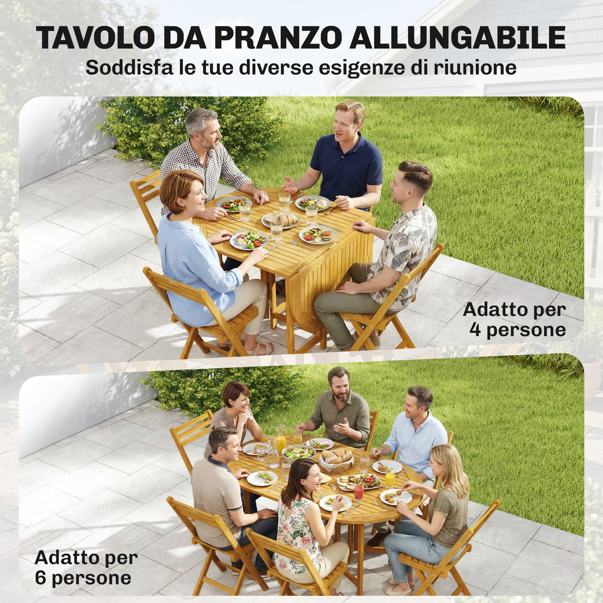 Due scene mostrano un tavolo da pranzo allungabile con persone all'aperto.