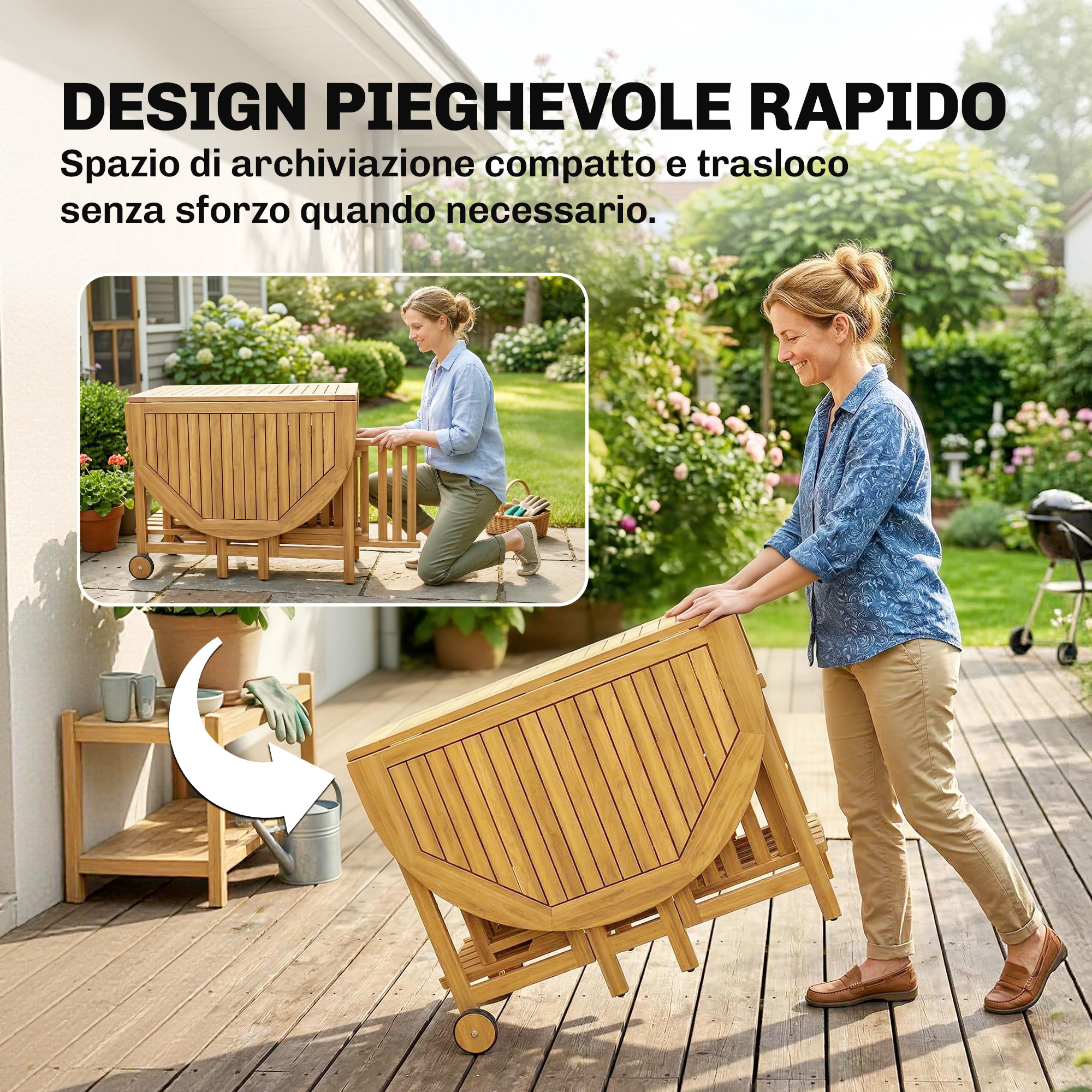 Una donna spinge un tavolo pieghevole in legno su un terrazzo di legno.