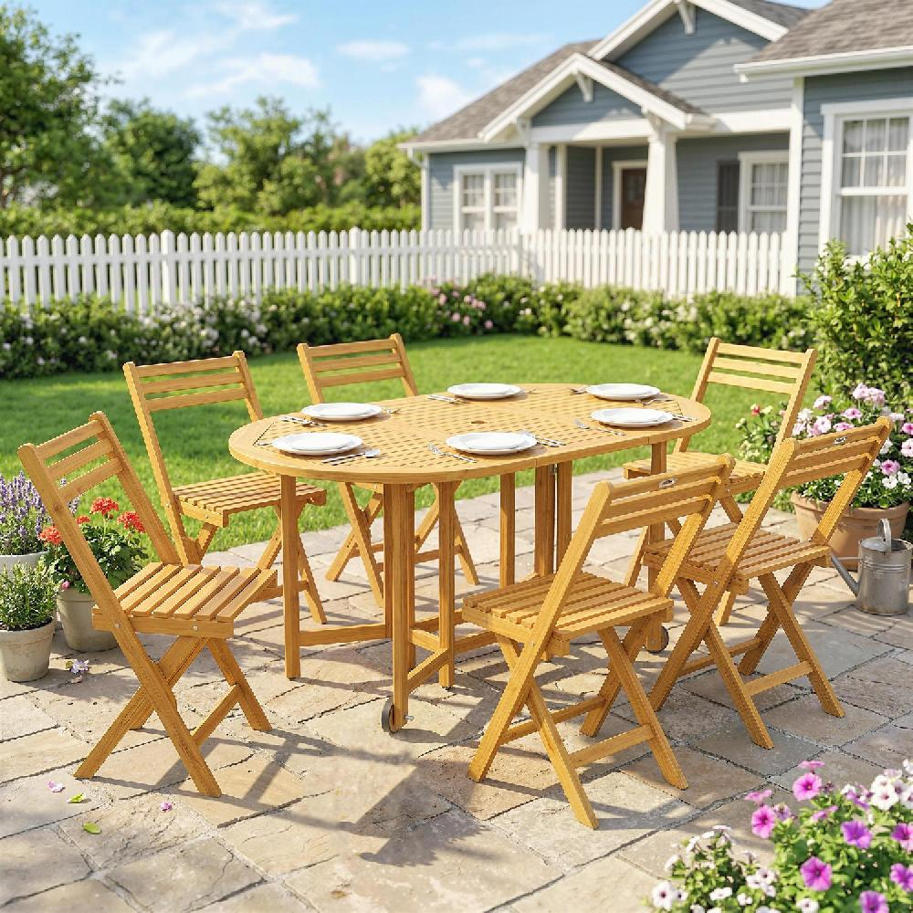 Set da pranzo in legno per sei persone in un giardino, apparecchiato con piatti.