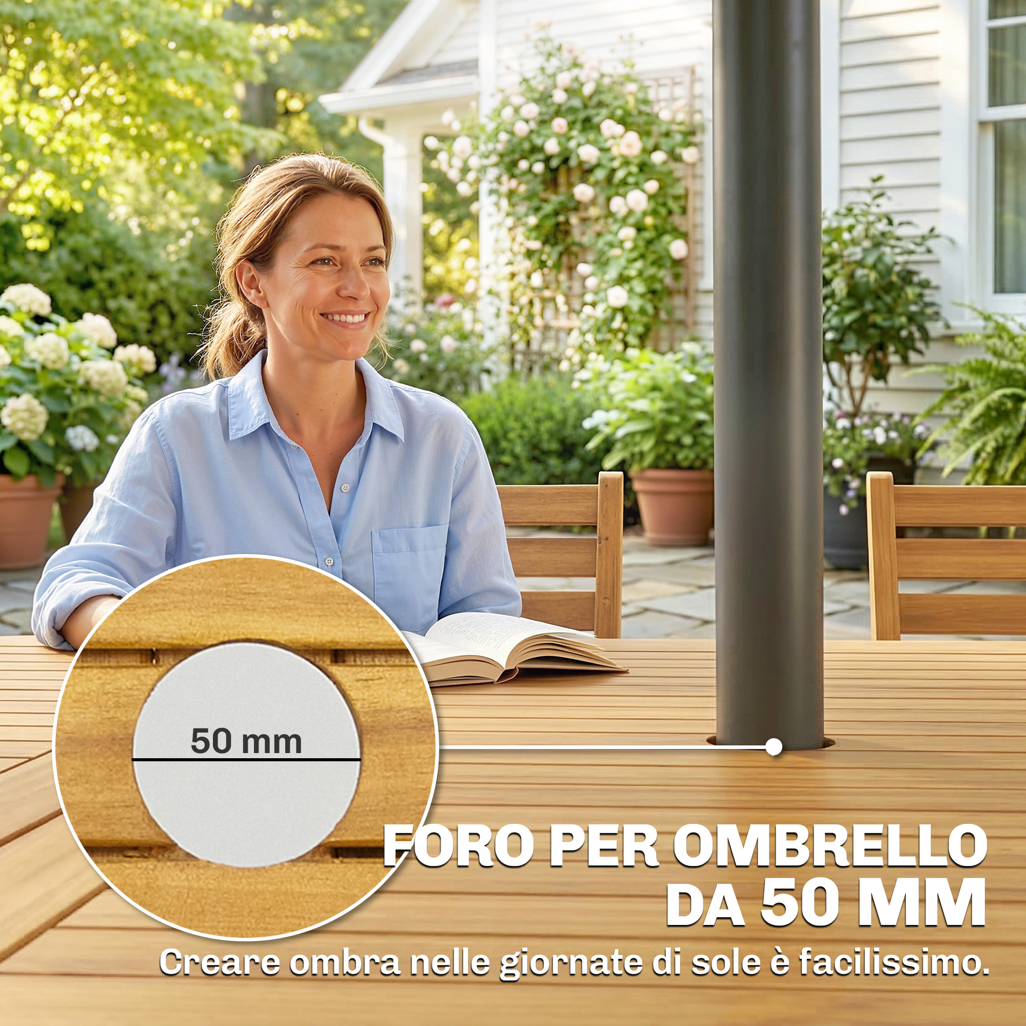 Donna siede a tavolo di legno all'aperto, con primo piano di foro da 50 mm per ombrellone.