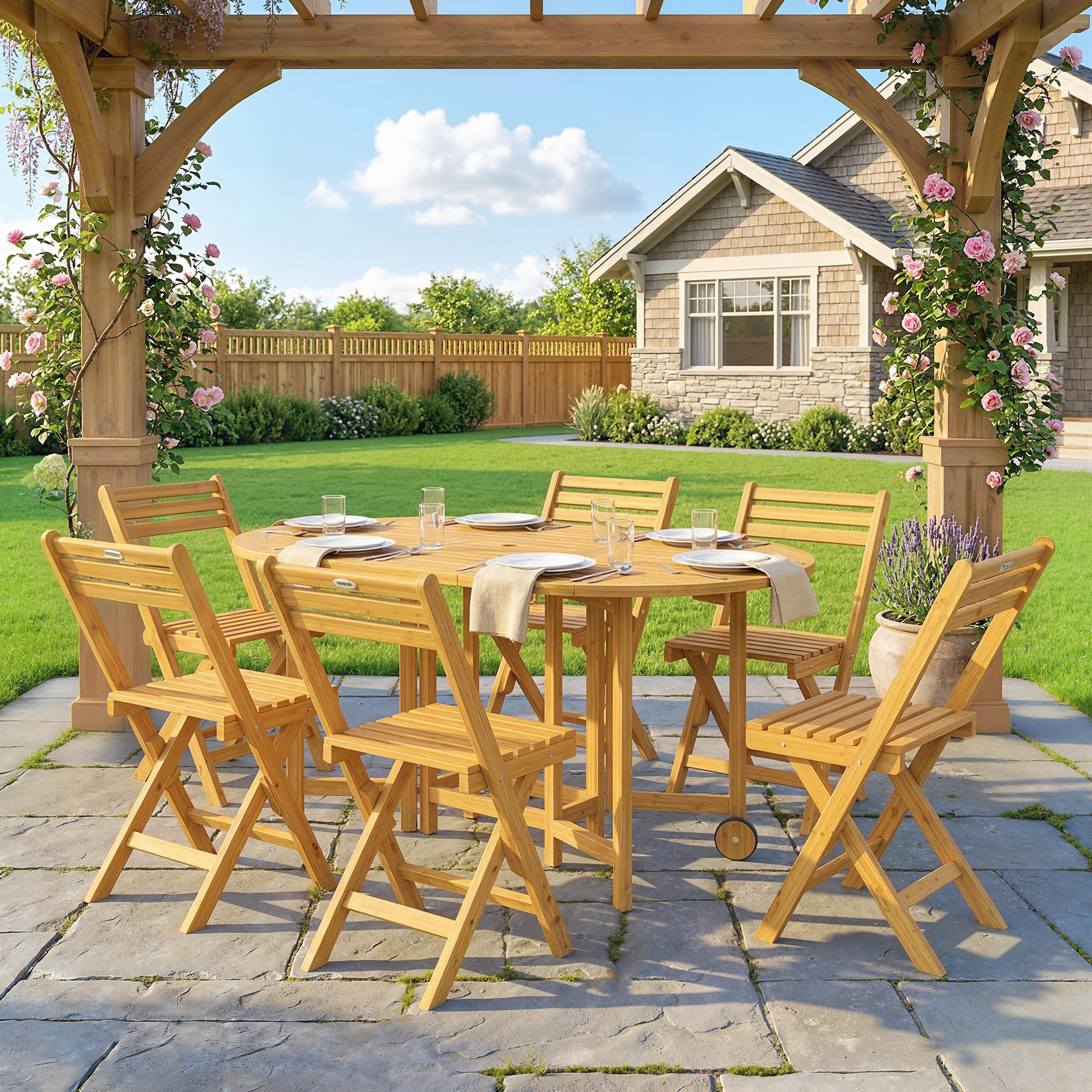 Set tavolo e sedie in legno su patio con pergola, prato e casa.