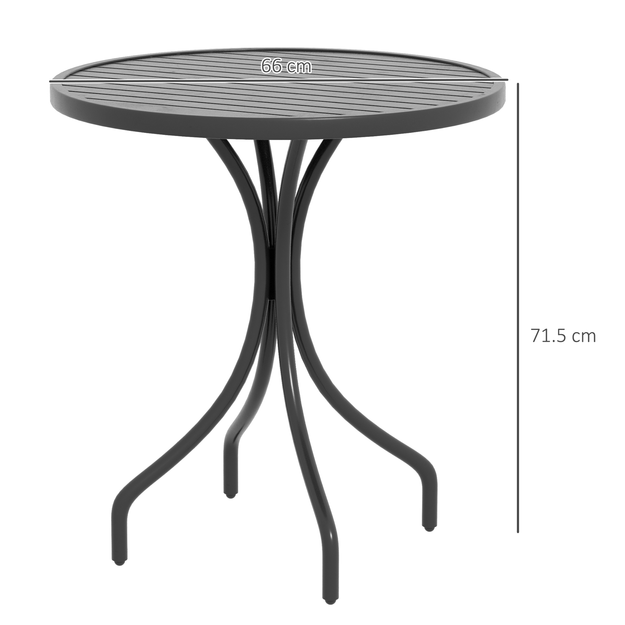 Un tavolo rotondo grigio scuro con doghe e quattro gambe curve.