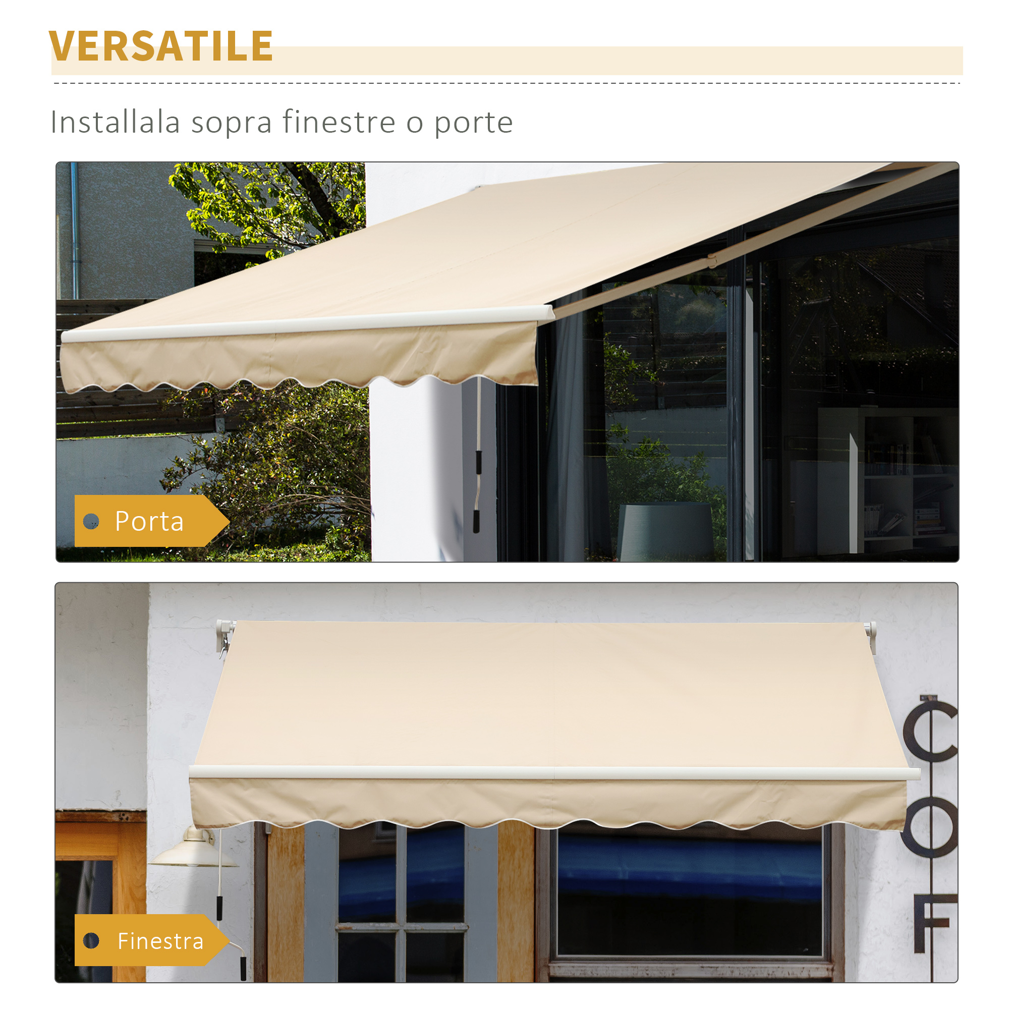 Tenda da sole beige sopra finestra e porta, con bordo smerlato e meccanismo.