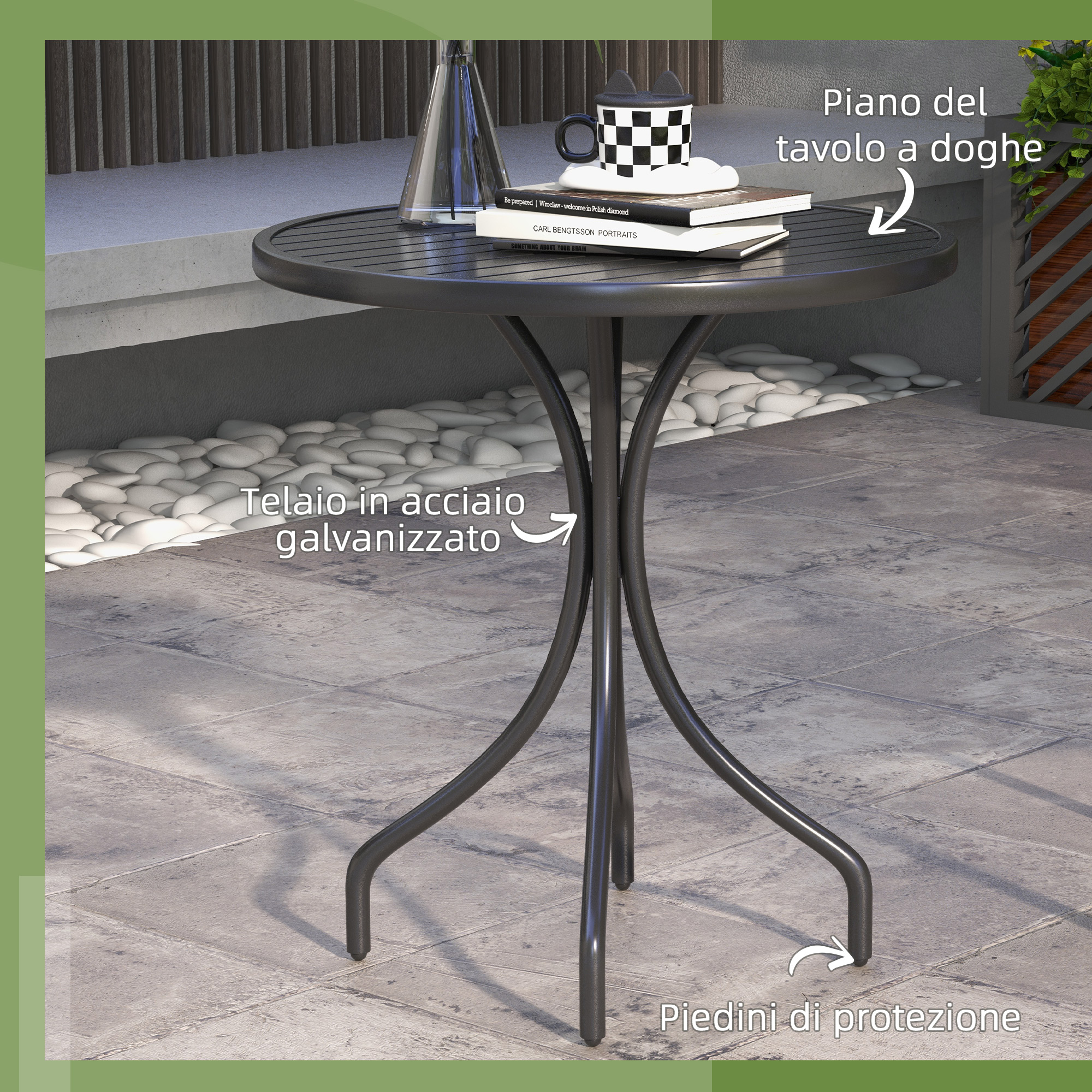 Un tavolo rotondo nero con piano a doghe, libri, tazza e vaso.