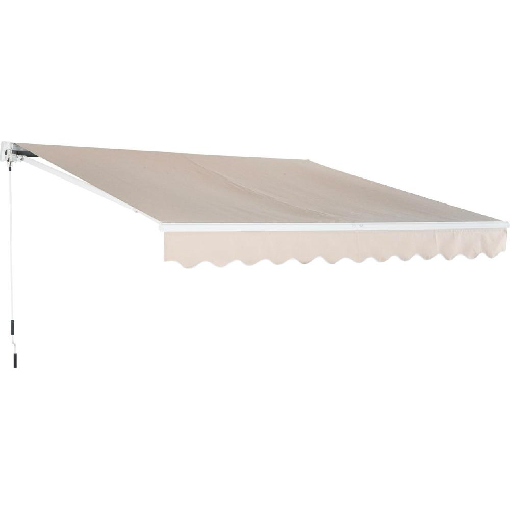 Una tenda da sole beige estesa con bordo bianco e orlo a festoni.