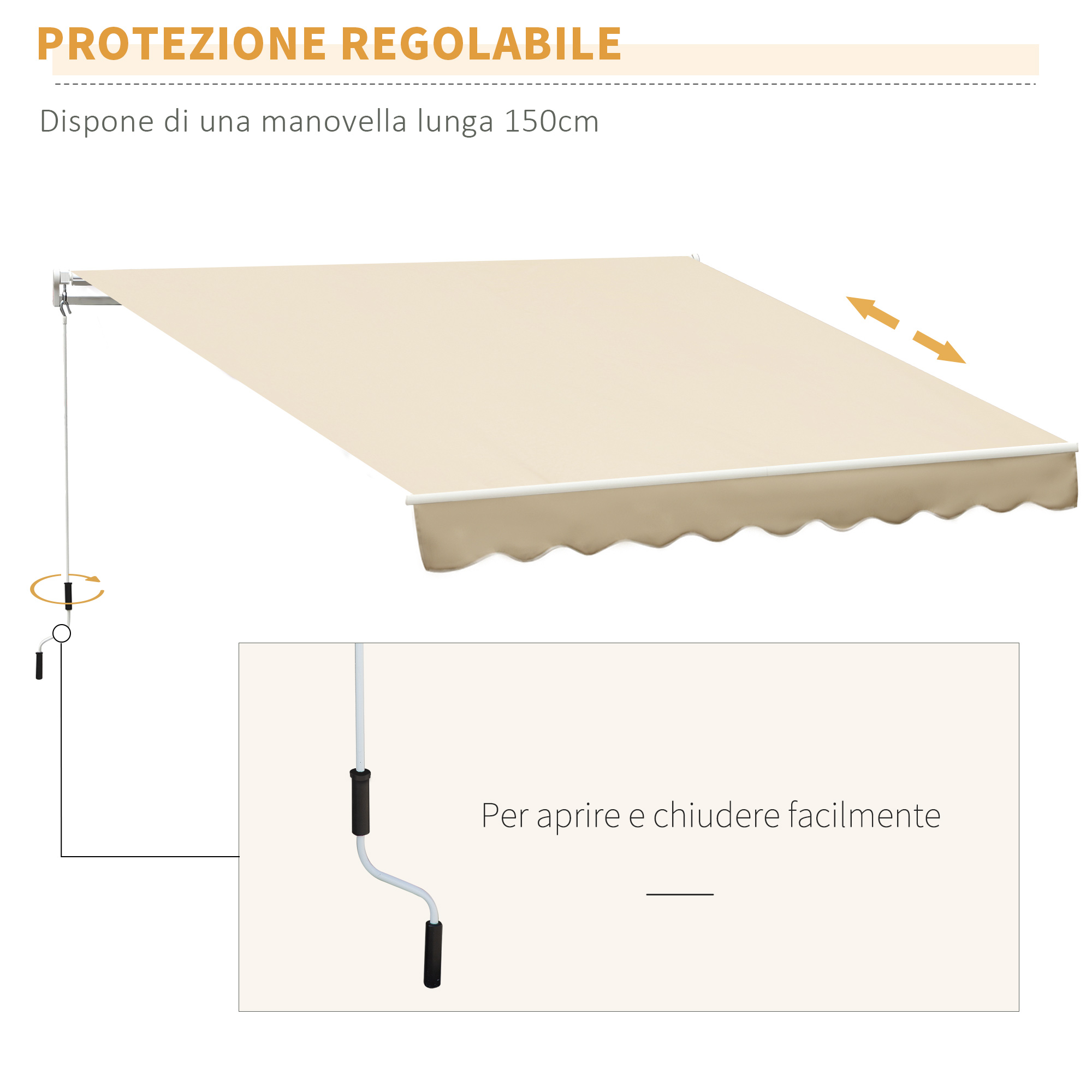 Una tenda da sole beige chiaro con bordo a festoni è azionata da una manovella.