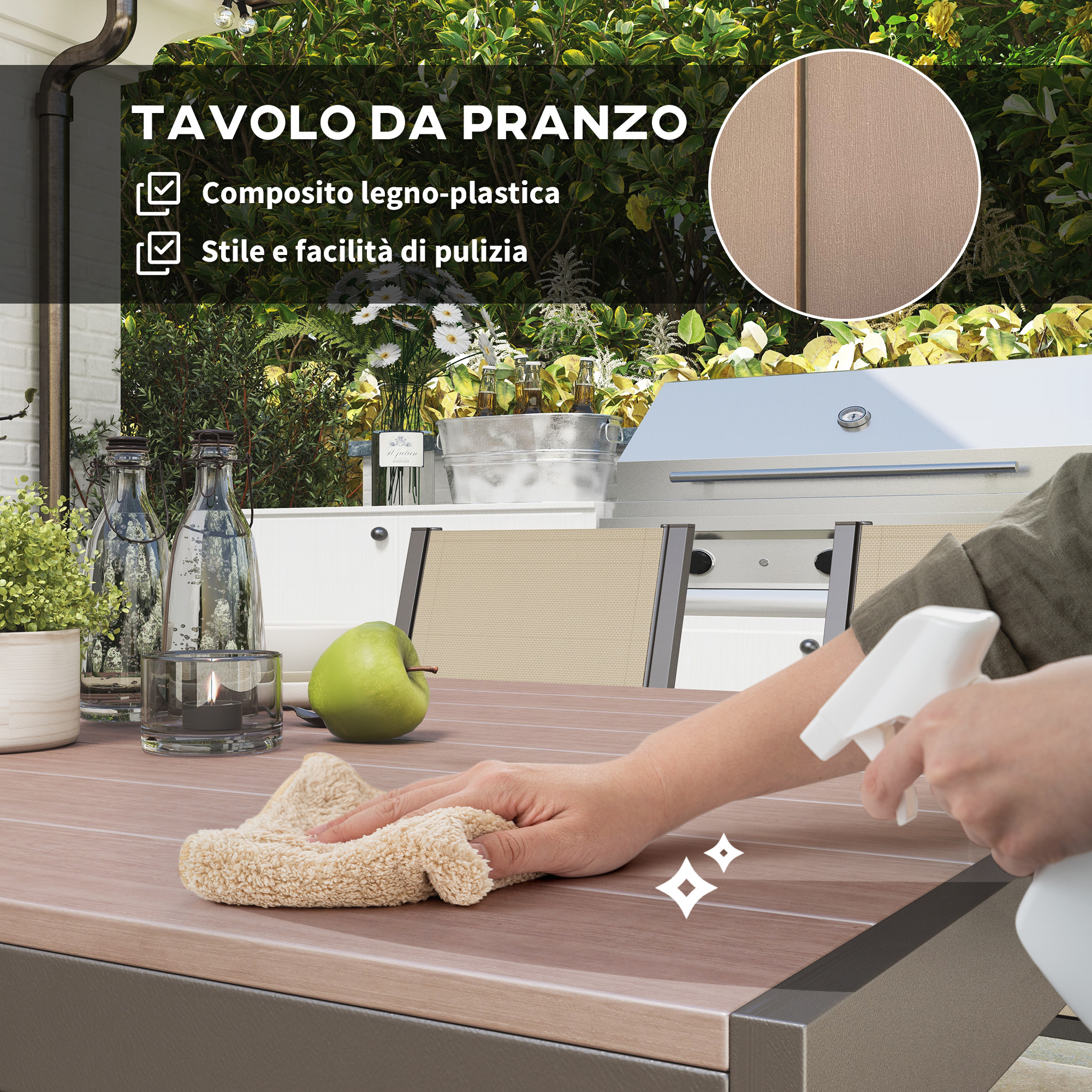 Una mano pulisce un tavolo marrone con un panno, vicino una bottiglia spray.
