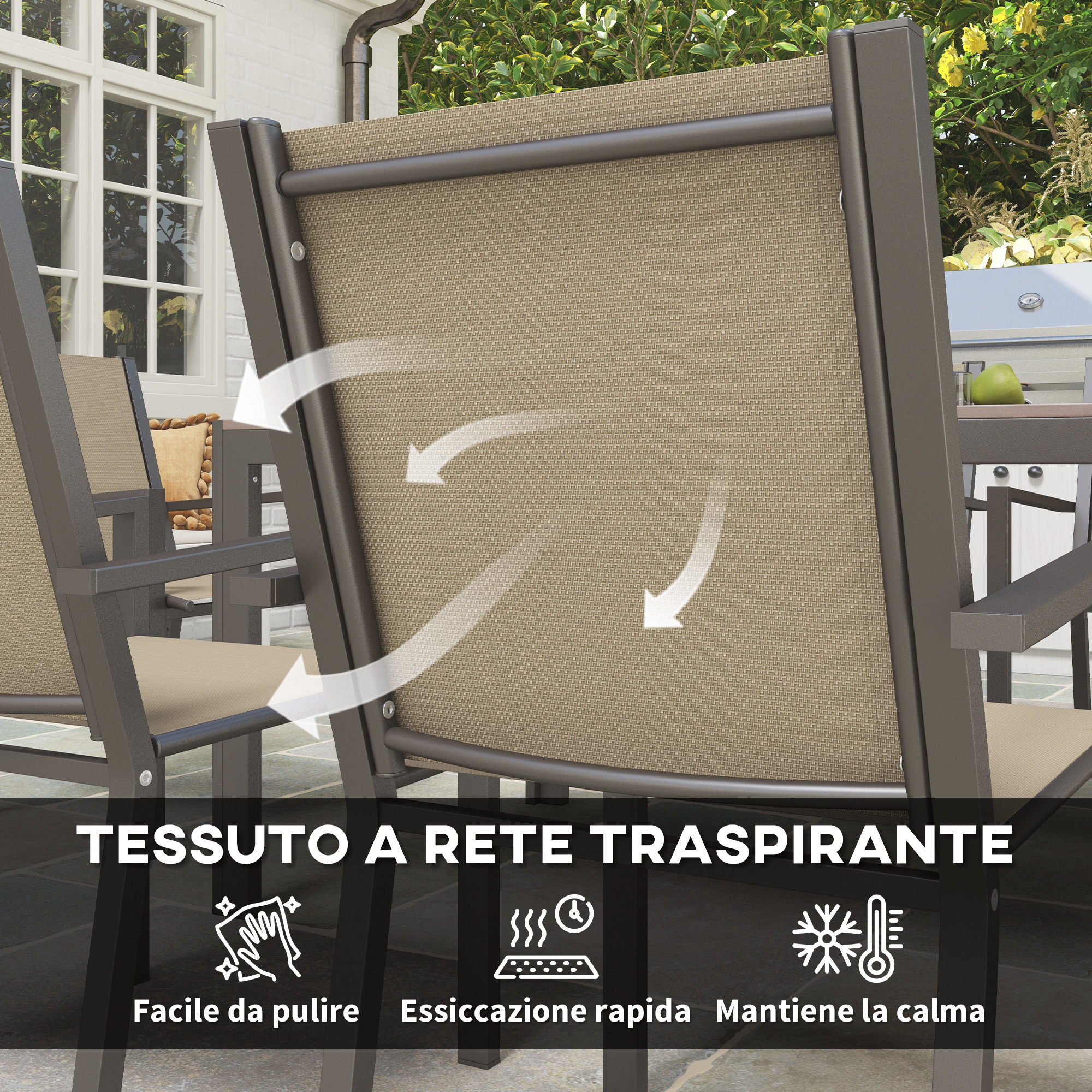 Sedie da esterno con tessuto a rete color cuoio e telaio in metallo, con frecce di flusso d'aria.