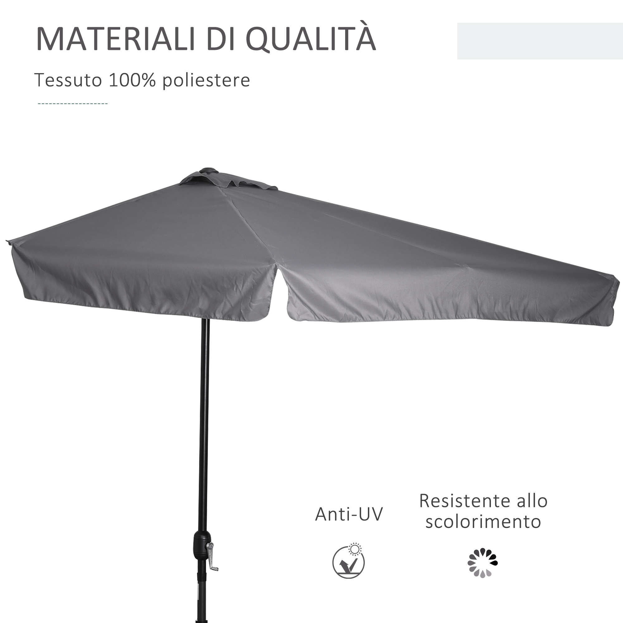 Un ombrellone grigio con supporto nero. Anti-UV e resistente allo scolorimento.