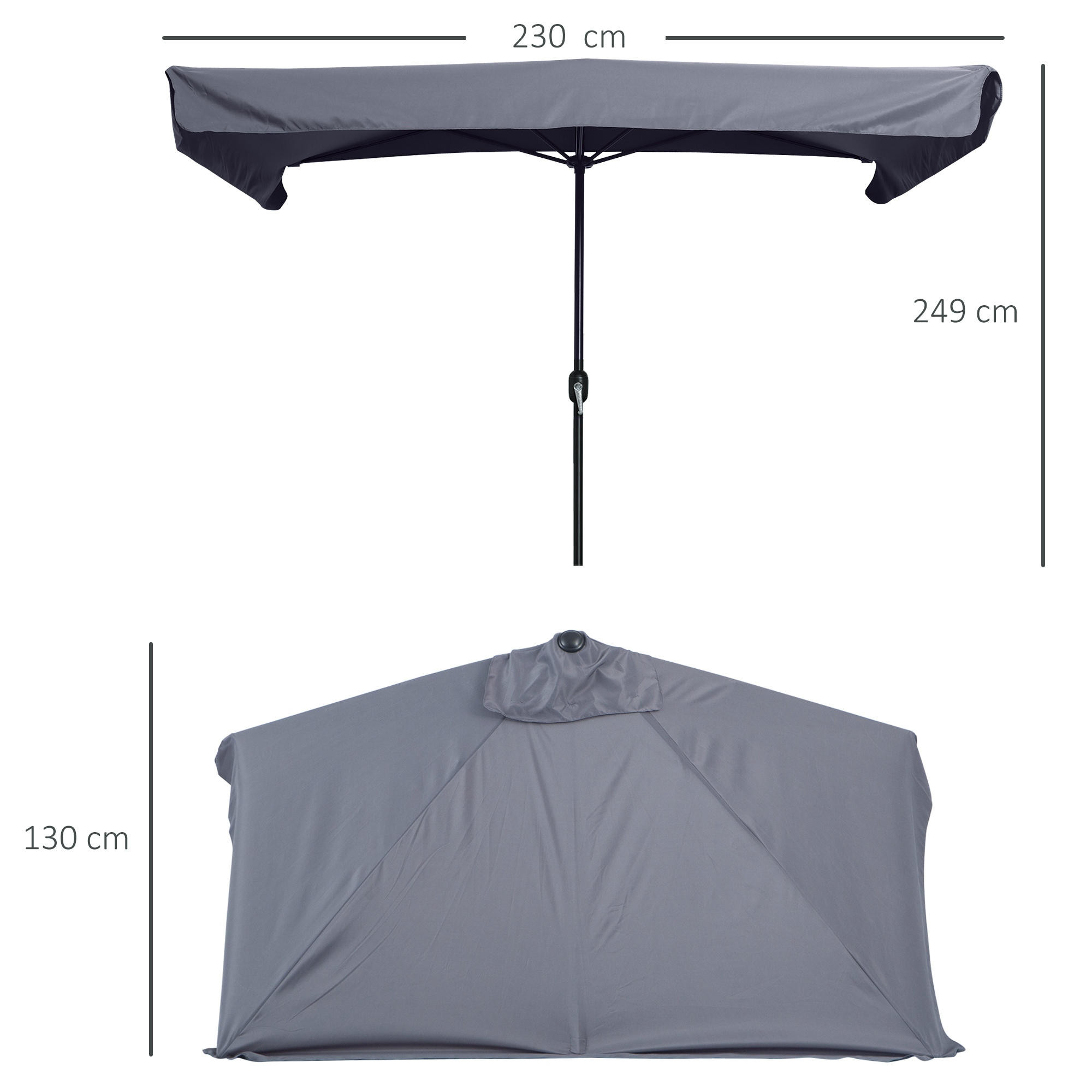 Ombrellone grigio, 230x249 cm. Altezza piegato 130 cm.